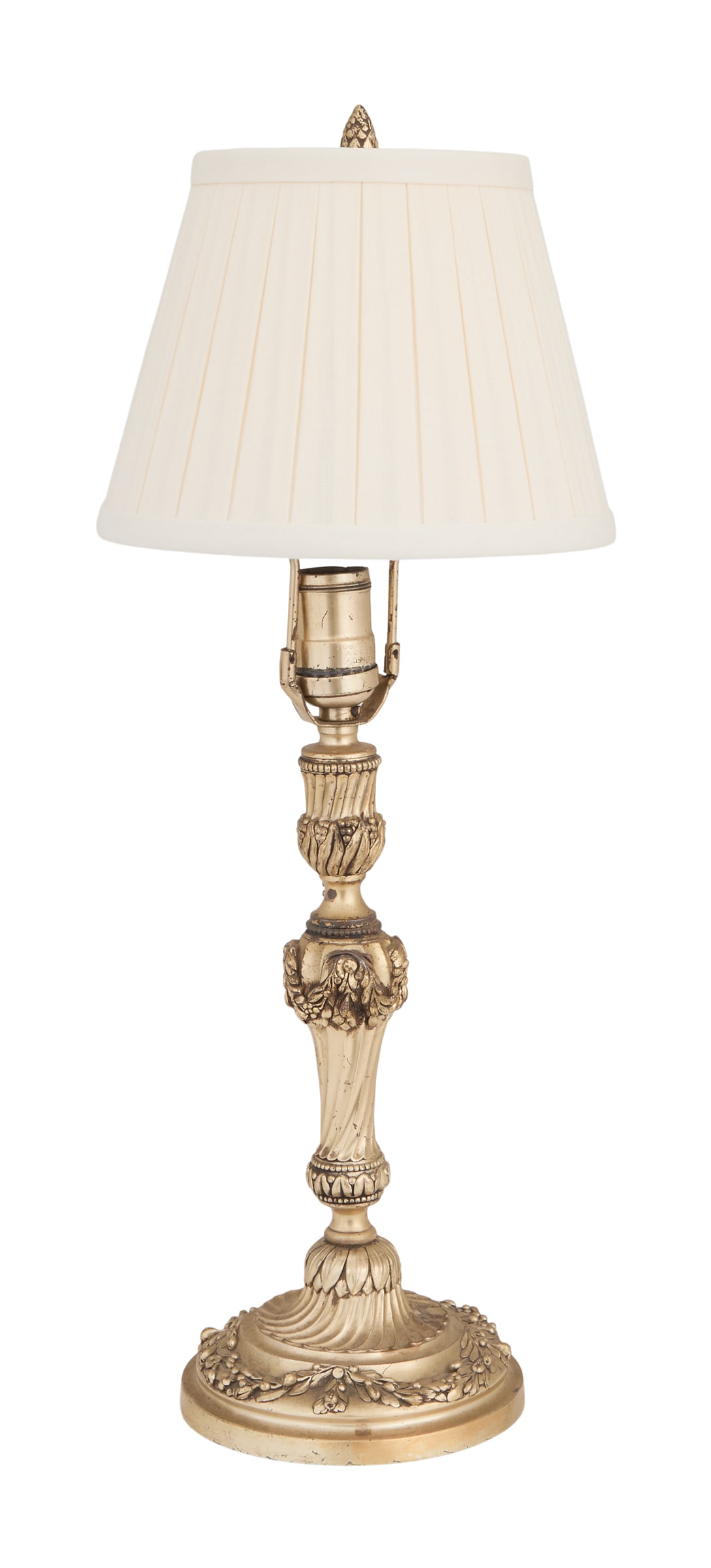 Caldwell Brass-Plated Candlestick Lamp: Caldwell Brass-Plated Candlestick Lamp early 20th century, the lamp molded with fluting and decorated with leaves and a meandering laurel, the base engraved "E.F. Caldwell & Co. Inc,, New York", now m
