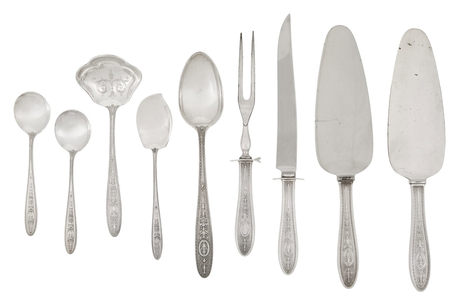 International "Wedgwood" Sterling Silver Flatware: International "Wedgwood" Sterling Silver Flatware the pattern designed in 1924 by Alfred Grover Kintz (1885-1963), Meriden, Connecticut, including: two bouillon spoons, monogrammed "D", l. 5-1/2"; a t