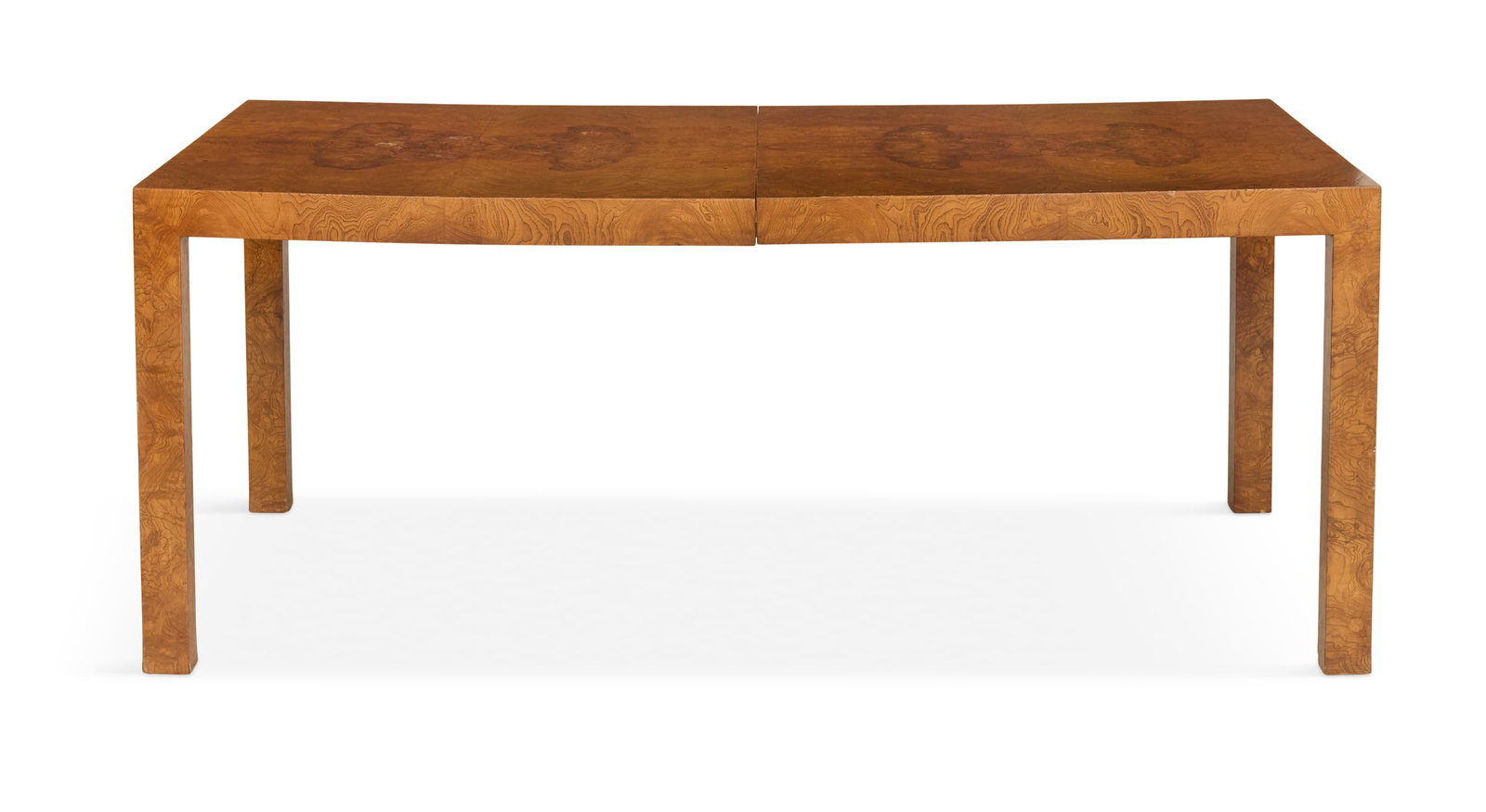 Milo Baughman for Thayer Coggin Burl Dining Table: Milo Baughman for Thayer Coggin Burl Dining Table 1970s, in the Parsons taste, includes two leaves. h. 29", w. 40", l. 71-1/2"; 110-1/2" with leaves