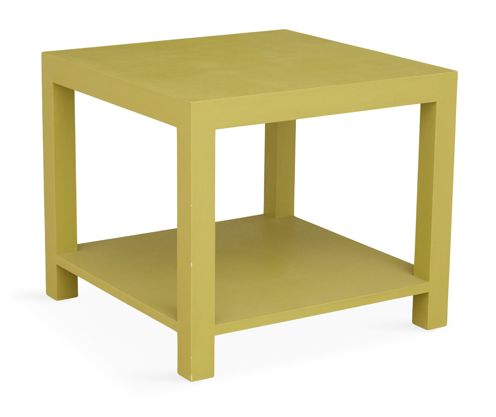 Modernist Linen-Wrapped Parsons Table: Modernist Linen-Wrapped and Lacquered Parsons Table design inspired by Karl Springer (German, 1930-1991), with a square top and straight square legs joined by a lower shelf. h. 26", w. 30", d. 30" Pro