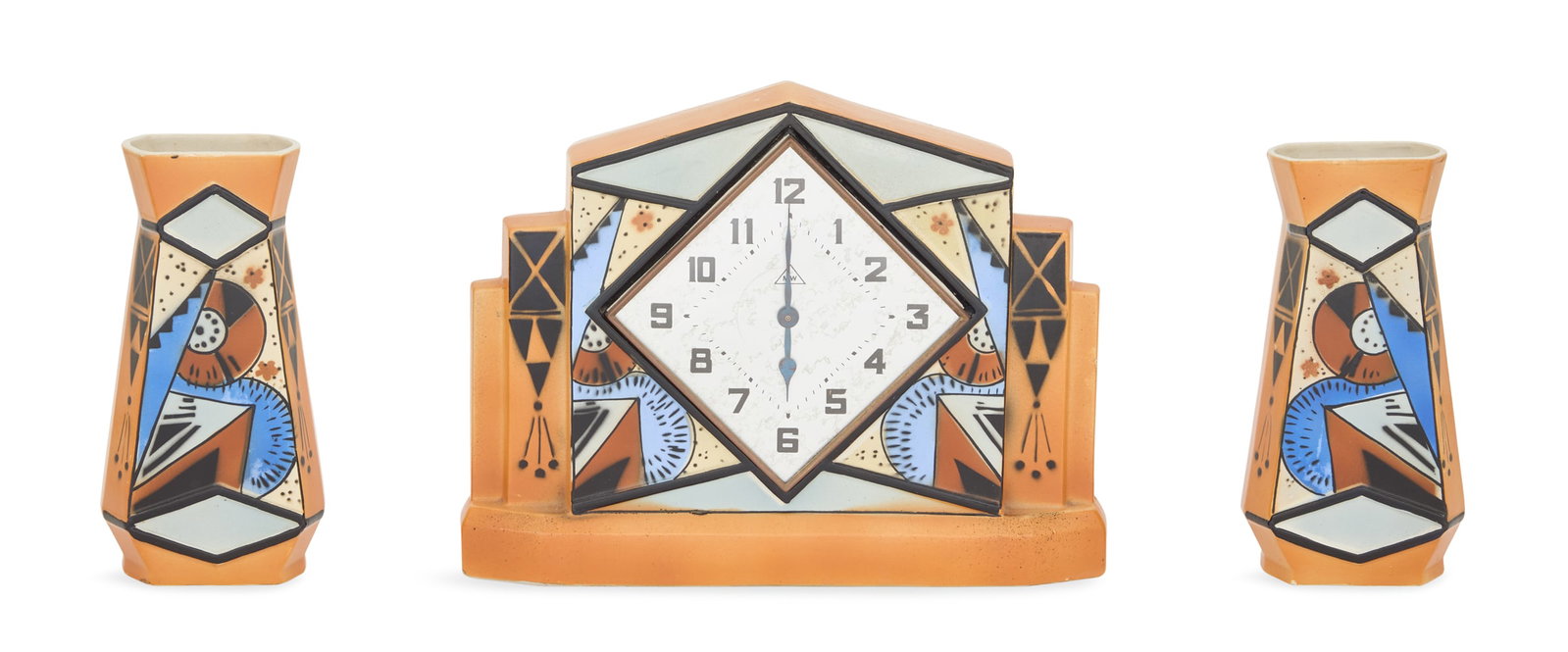Wasmuel Belgian Pottery Clock Set: S.A. La Majolique Wasmuel Belgian Pottery Clock Set ca. 1930, the Art Deco three-piece suite comprised of a clock and two vases, each decorated with black patterns on a pale orange, blue and yellow gr