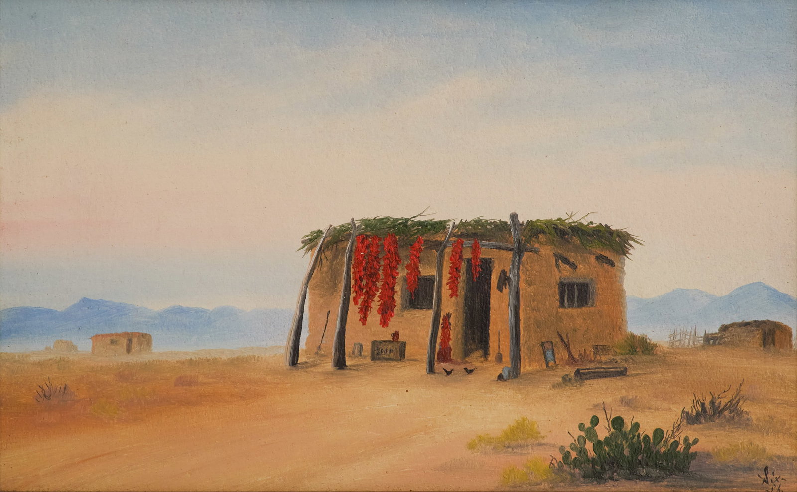 American Southwest School (US, Mid-20th Century): American Southwest School (American, Mid-20th Century) "Southwest Pueblo Indian Home" oil on board signed "Six" lower right. Framed. 10" x 16", framed 11-1/2" x 16-1/2" Notes: This painting depicts a 