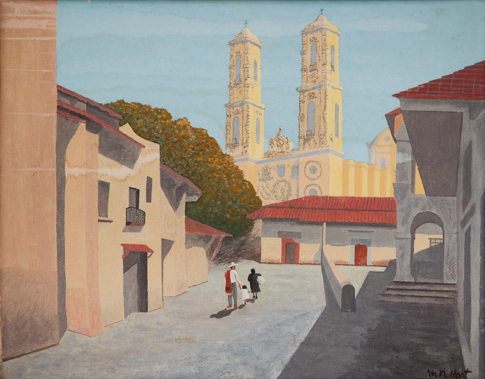 M. N. Hart (American, Mid-20th Century): M. N. Hart (American, Mid-20th Century) "Mexican Cathedral" oil on masonite signed "M.N. Hart" lower right. Framed. 14-1/2" x 18-1/2", framed 18" x 22"
