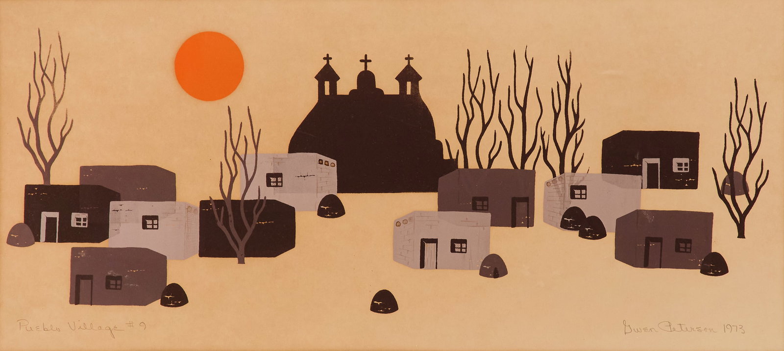 Gwen Peterson (US/New Mexico, Act. Mid-20th C.): Gwen Peterson (American/New Mexico, Act. Mid-20th Century) "Pueblo Village #9", 1973 silkscreen on paper pencil-signed, titled and dated lower margin, and artist label en verso. Matted, glazed and fra