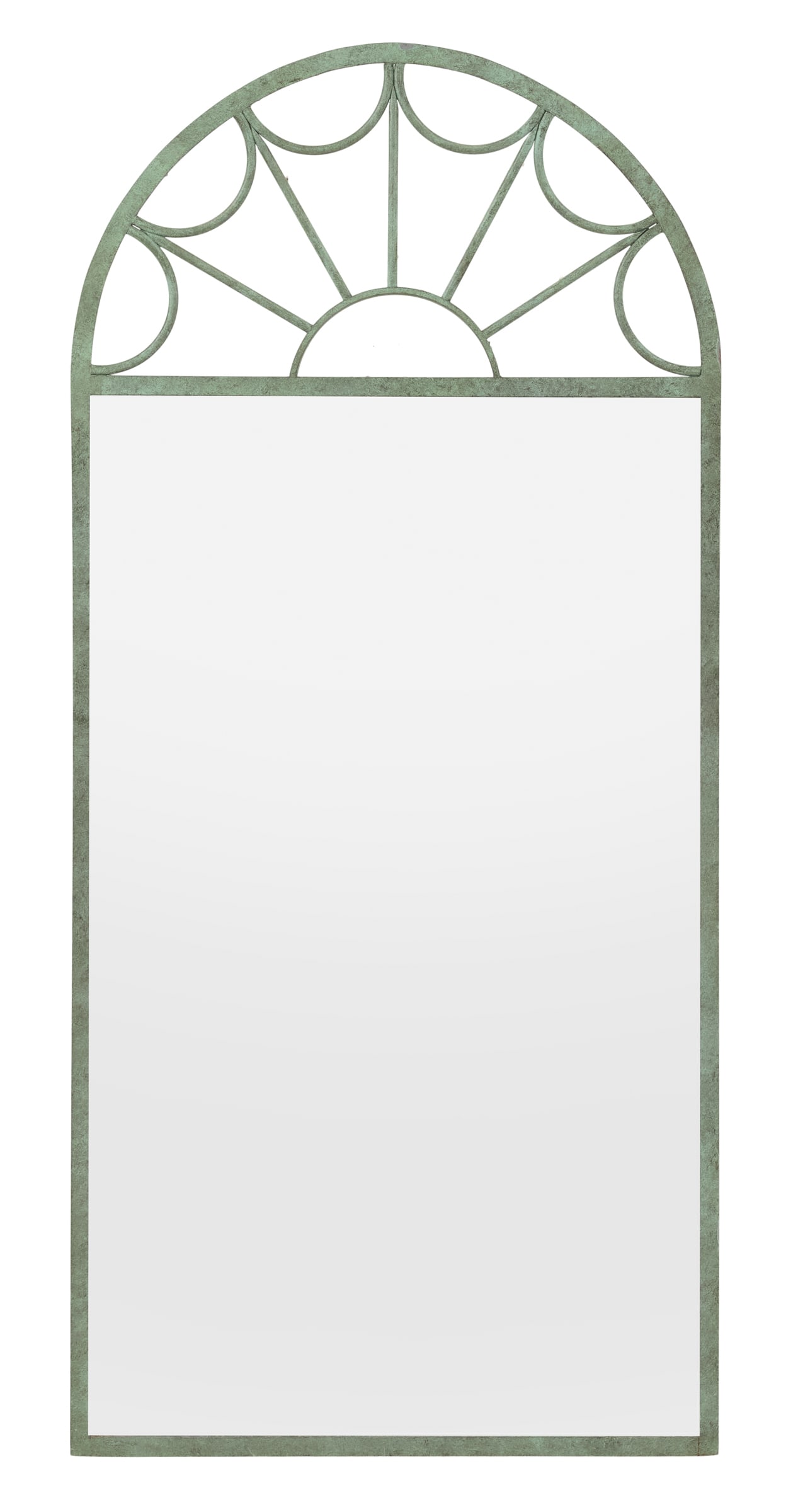 Green-Patinated Metal Mirror: Green-Patinated Metal Mirror in the Post-Modern Taste 20th century, the pierced fan-form crest over a rectangular mirror plate. h. 52-1/4", w. 24"