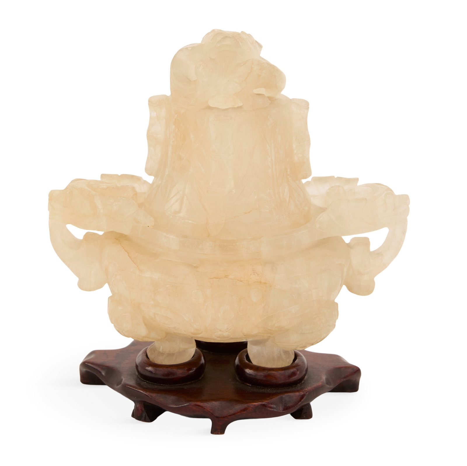 Chinese Carved Quartz Potpourri Urn: Chinese Carved Quartz Potpourri Urn the urn with elephant-head handles, on a wooden base. h. 6-1/2", w. 6-1/4", d. 4" Provenance: Kevin Stone Antiques, The Collection of Kevin Stone & Mark Diamond.