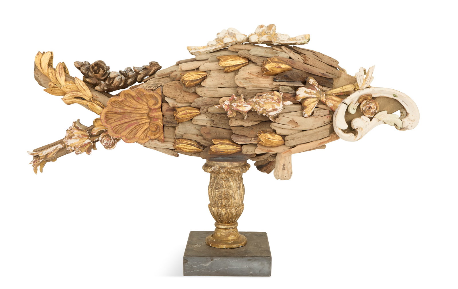 Fanciful Fragmentary Fish Sculpture: Fanciful Fragmentary Fish Sculpture composed of various 19th-century gilt shells, giltwood and painted scrollwork, bellflowers, swags and flower heads, on a giltwood acanthus-carved standard, mounted 