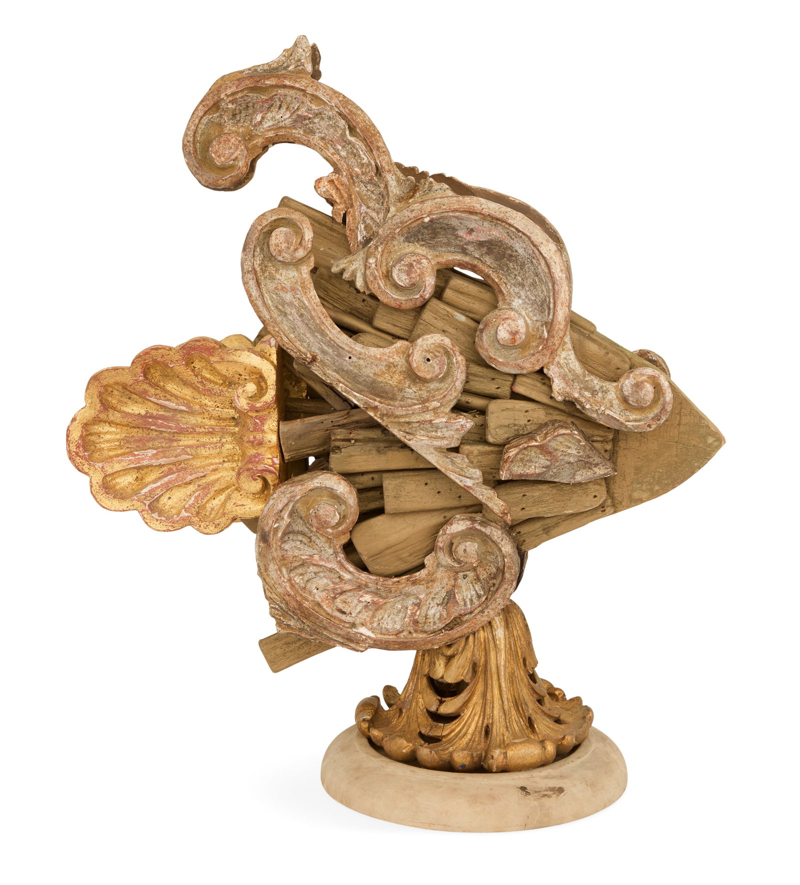 Fanciful Fragmentary Sculpture of a Fish: Fanciful Fragmentary Sculpture of a Fish composed of various giltwood, silver-gilt and unpainted scrollwork, shells and other elements. h. 18-3/4", w. 14-1/2", d. 7"