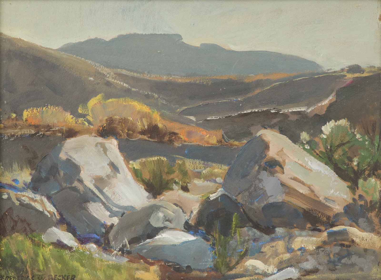 Frederick W. Becker (US/California, 1888-1974): Frederick William Becker (American/California, 1888-1974) "Mountainous Landscape" oil on paper signed lower left. Glazed and framed. 9" x 12", framed 11-1/2" x 14-1/2"