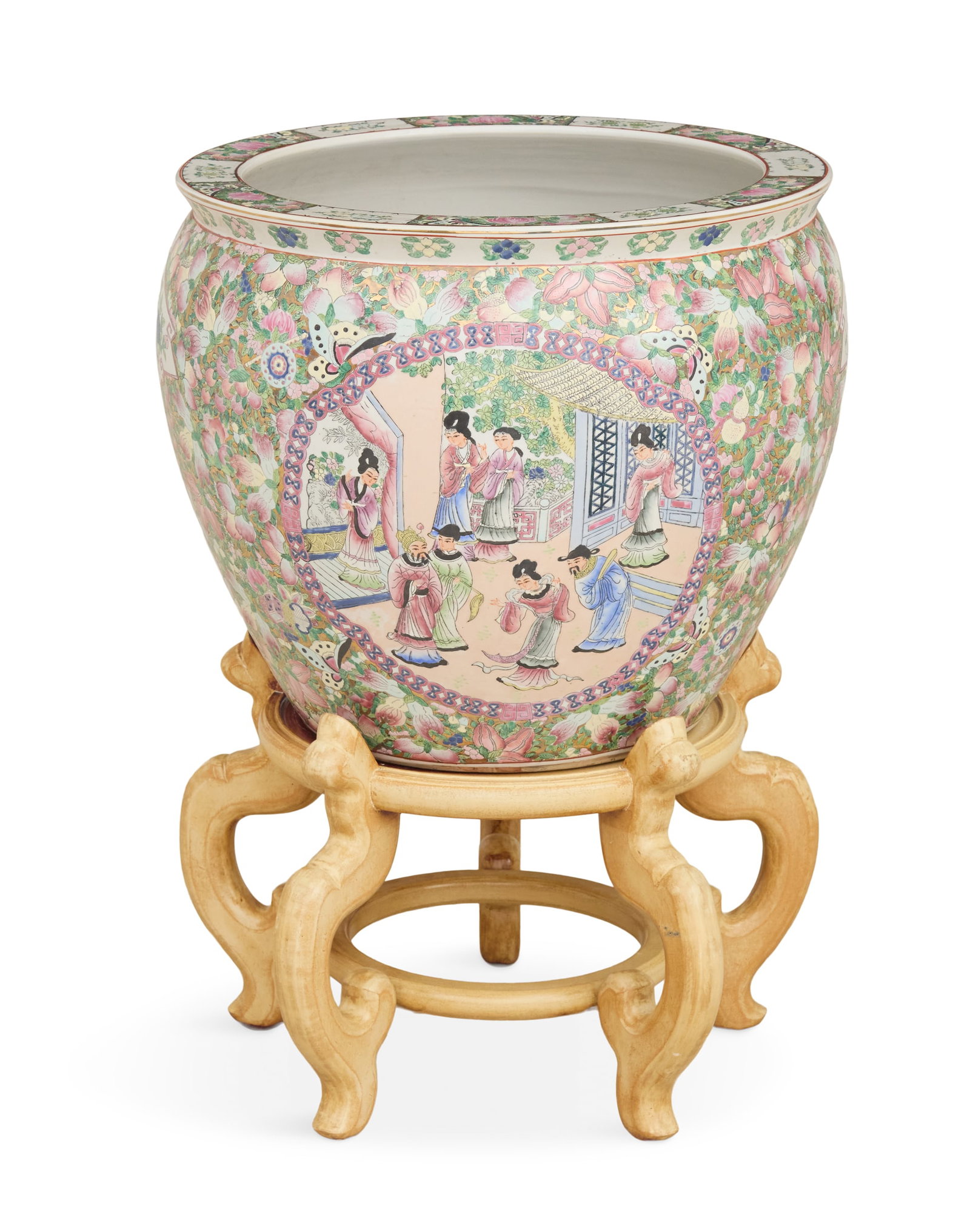Chinese Export Porcelain Fish Bowl on Stand: Chinese Export Porcelain Fish Bowl on Stand contemporary, in the famille rose palette, decorated with fruit and leaves on a gilt ground, punctuated with panels of peonies, the interior painted with go