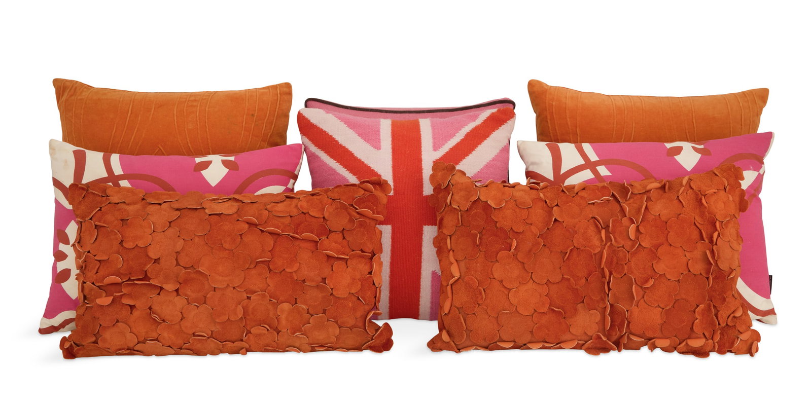 Collection of Eight Contemporary Pillows: Collection of Eight Contemporary Pillows the collection including two orange velvet pillows with raised geometric patterns, h. 18", w. 18", two orange suede pillows with applied flowers, h. 11-1/2", w