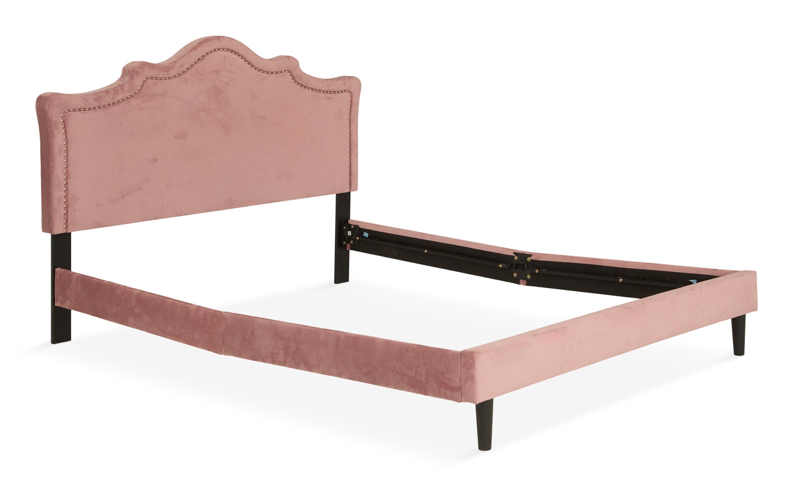 Hollywood Regency-Style Queen-Size Bed: Hollywood Regency-Style Velvet-Upholstered Queen-Size Bed the shaped headboard upholstered in plum-colored velvet trimmed in silver-studded tacks, with like covered rails and footboard. h. 49", inside