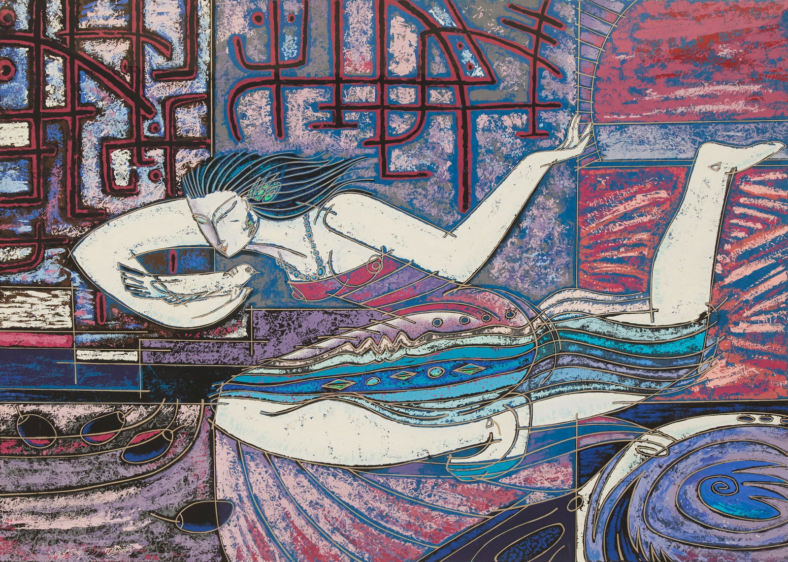 Adrian Wong Shue (Jamaican, b. 1952): Adrian Wong Shue (Jamaican, b. 1952) "Song Bird" serigraph in colors on Arches paper pencil-signed lower right and numbered "121/300" lower left. Matted, glazed and framed. sight 33" x 45", framed 43"