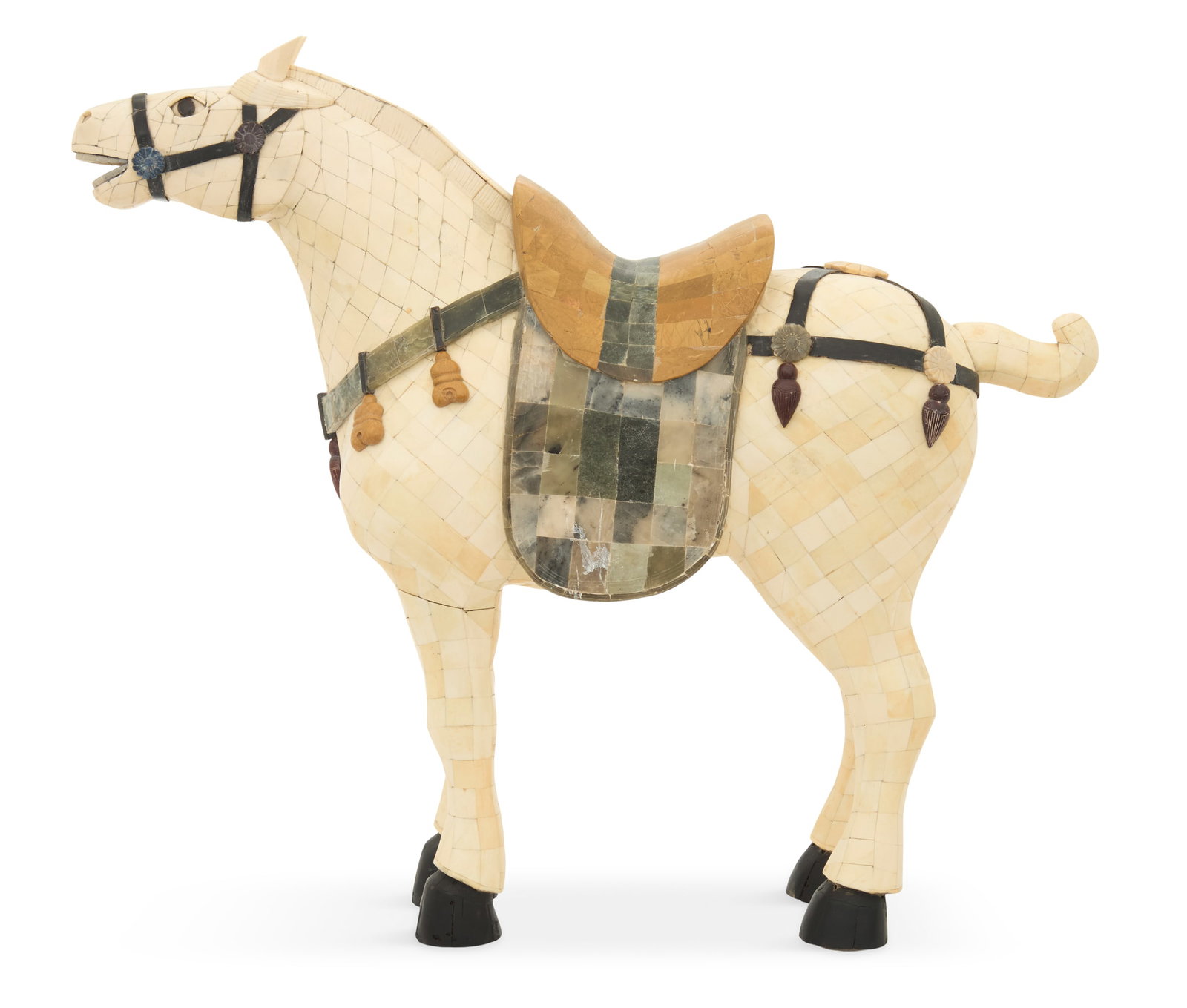 Chinese Tang-Style Horse: Chinese Tang-Style Horse veneered with tessellated stone, inspired by Tang pottery horses. h. 25", w. 29", d. 7-3/4"