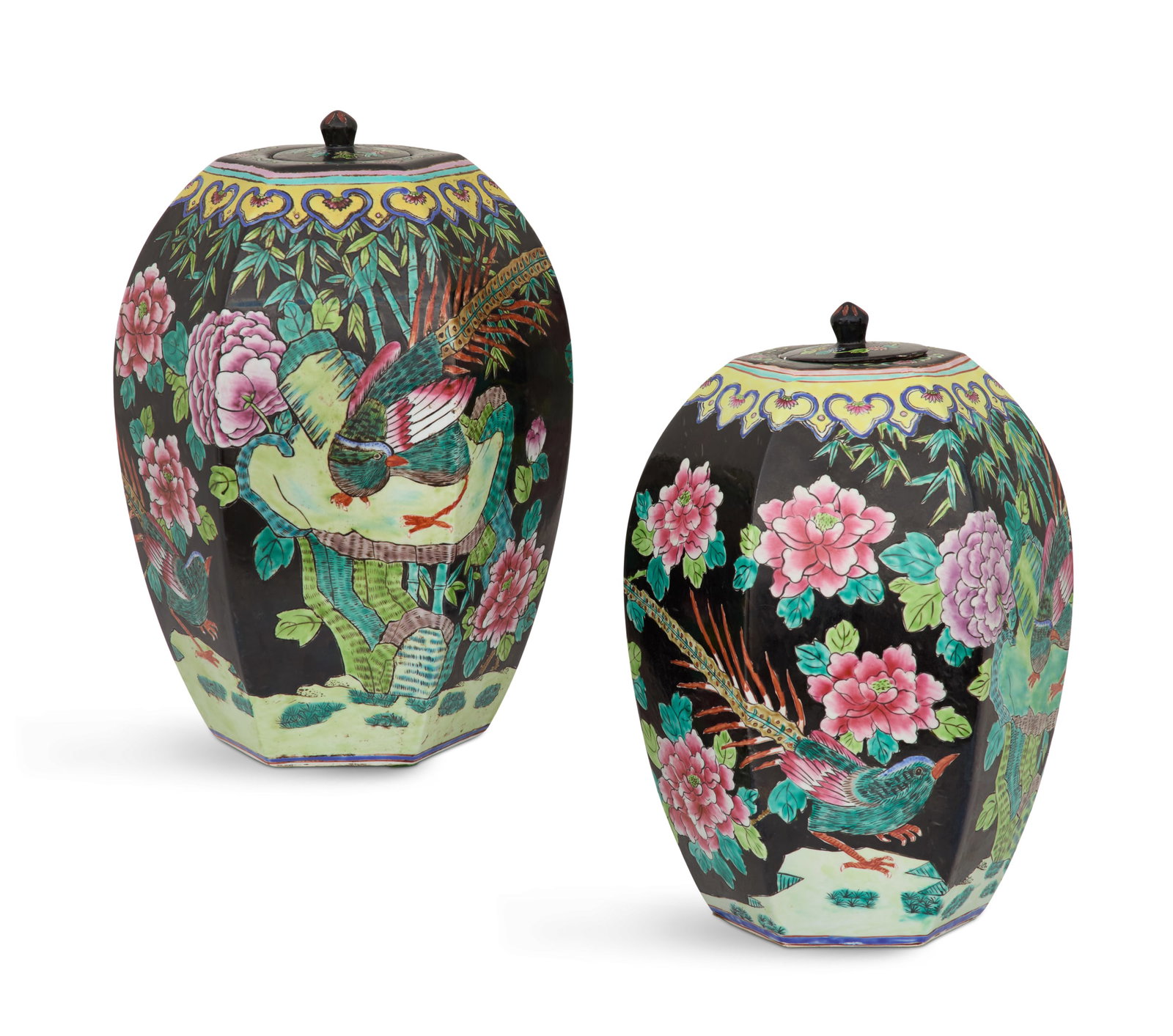 Pair of Chinese Export Porcelain Covered Urns: Pair of Chinese Export Porcelain Covered Urns 20th century, in the famille noir palette, the faceted sides decorated with peonies on a black ground, the bottom with a seal mark. h. 13", dia. 9"