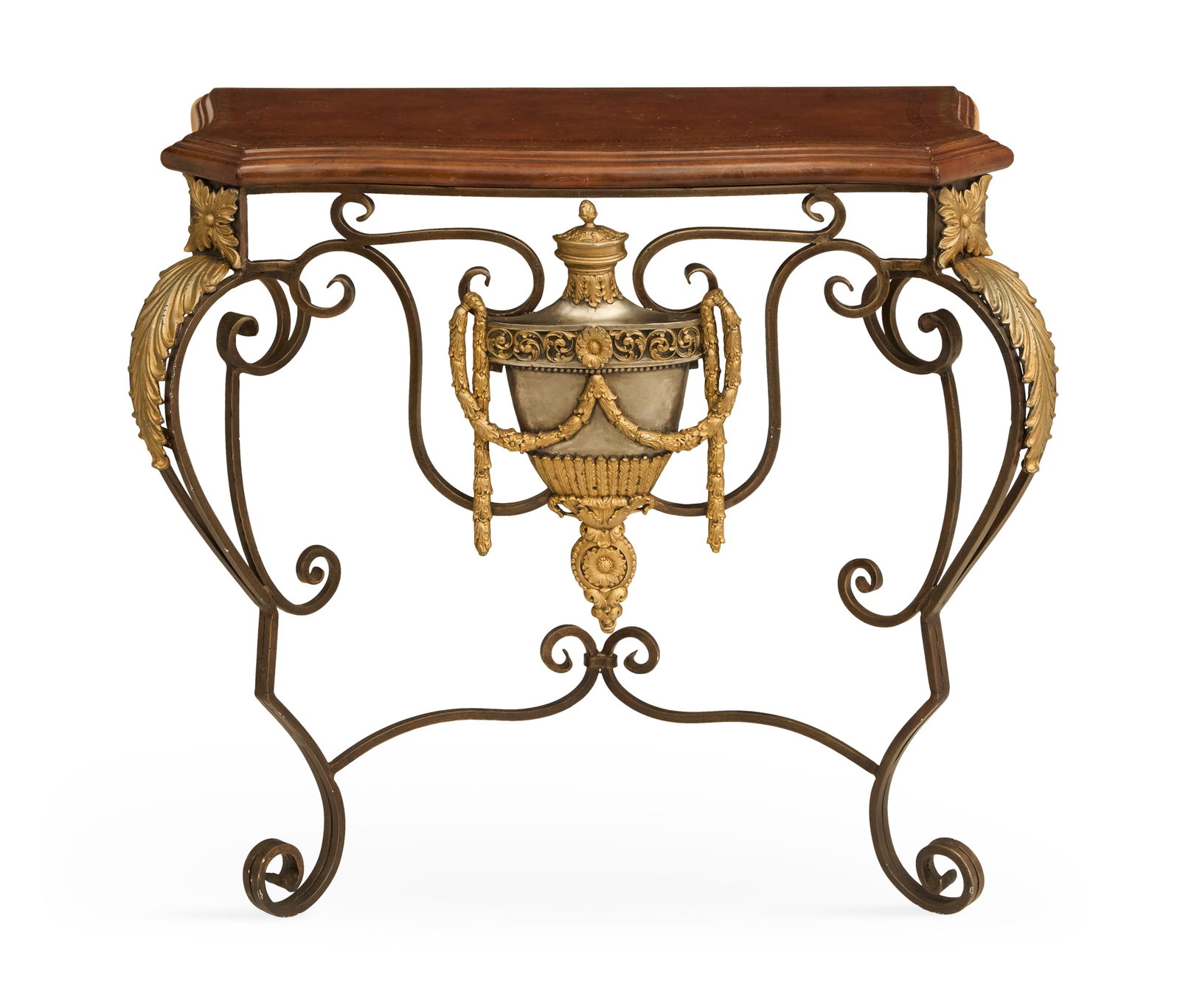 French-Style Iron and Leather-Top Console Table: French-Style Wrought-Iron and Leather-Top Console Table 20th century, the shaped top with an inset tooled leather surface, mounted to a scrolled iron base with a central cast-metal urn plaque. h. 34",
