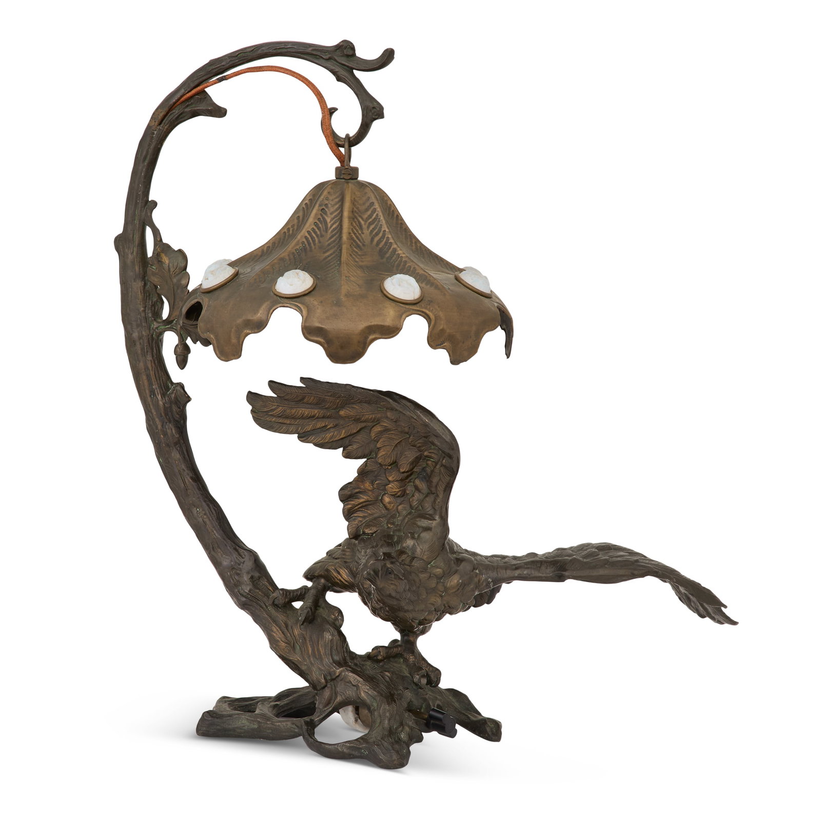 Austrian Art Nouveau Bronze, Brass and Glass Lamp: Austrian Art Nouveau Bronze, Brass and Glass Lamp early 20th century, in the form of an arched tree trunk, supporting a brass leaf-molded shade set with opalescent glass jewels, hanging over a display