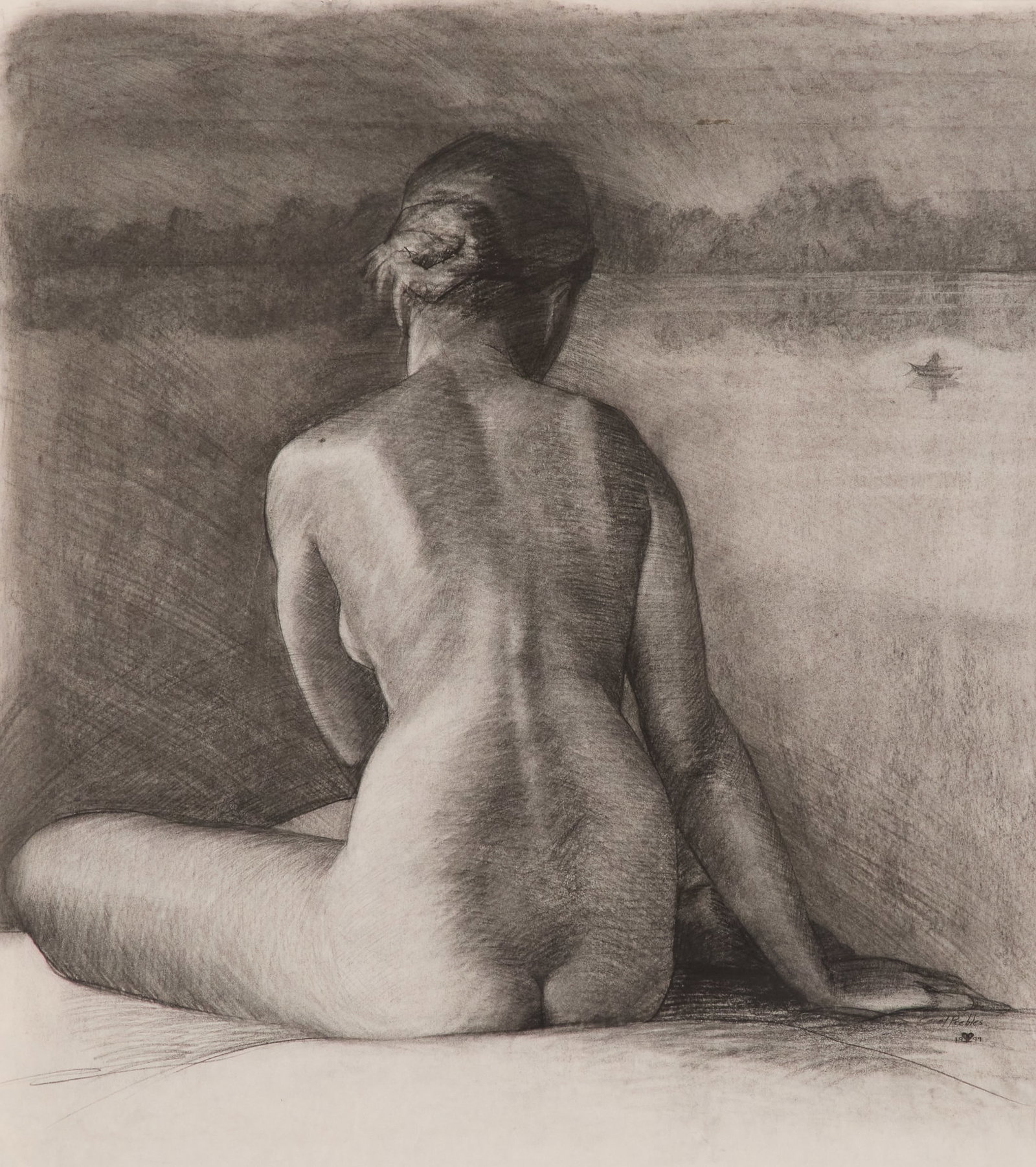 Carol Peebles (American/Louisiana, 20th Century): Carol Peebles (American/Louisiana, 20th Century) "She/Her", 1999 charcoal on paper signed and dated lower right, and signed and titled on note en verso. Matted, glazed and framed. sight 36" x 31", fra
