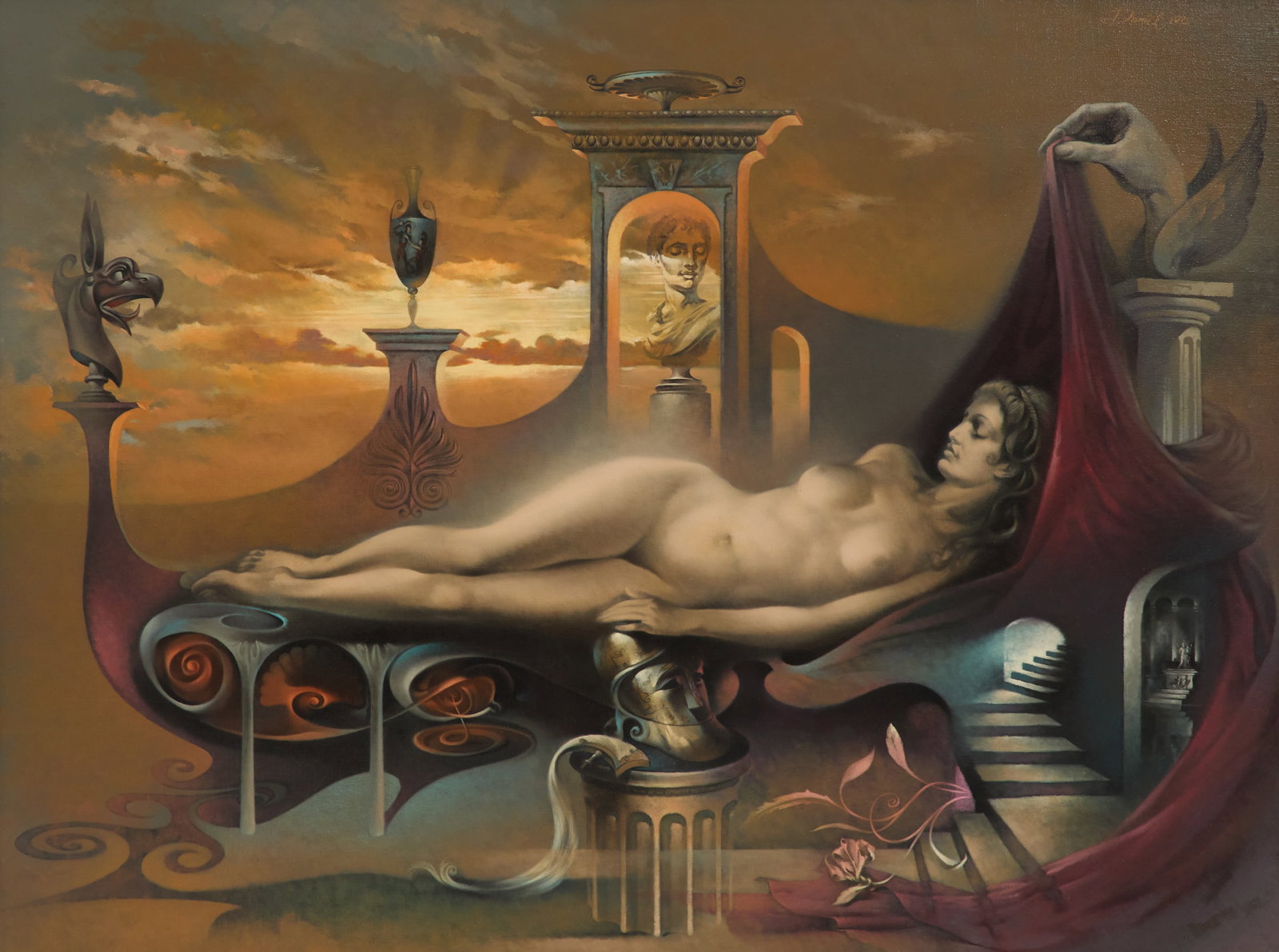 Daniel J. Samuels (British, 1916-1988): Daniel J. Samuels (British, 1916-1988) "Persephone's Serendipity", 1972 oil on canvas bonded to wood panel signed, date, titled, and inscribed en verso. Framed. 34" x 40", framed 39" x 49" Provenance: