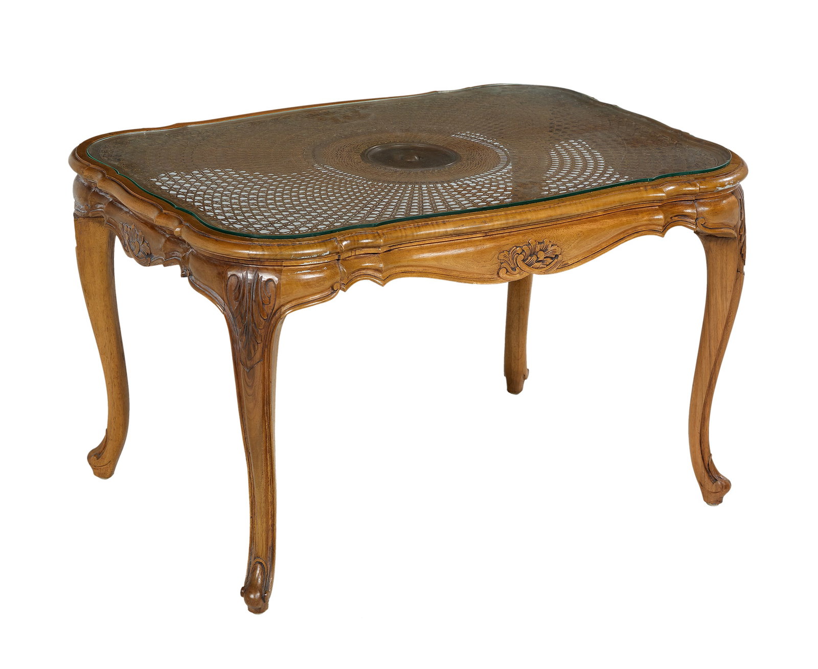 Louis XV-Style Mahogany Cocktail Table: Louis XV-Style Mahogany Cocktail Table the scalloped top with an inset glass panel over a woven cane field centered by a roundel, raised on cabriole legs. h. 20-3/4", w. 34-1/4", d. 24-1/4" Provenance