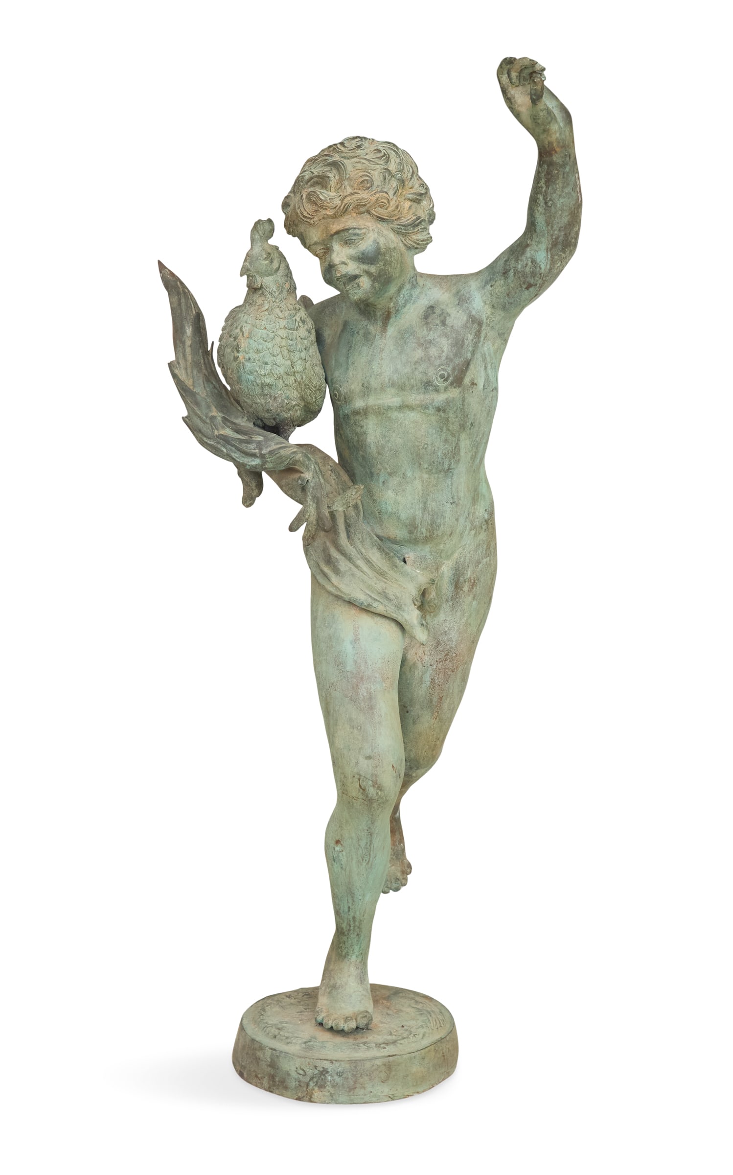Bronze Youth with a Cockerel: Bronze Youth with a Cockerel 20th century, the figure of a neoclassical youth running with a cockerell under one arm, on a circular base. h. 46-3/4", w. 17-1/2", d. 15-1/2"