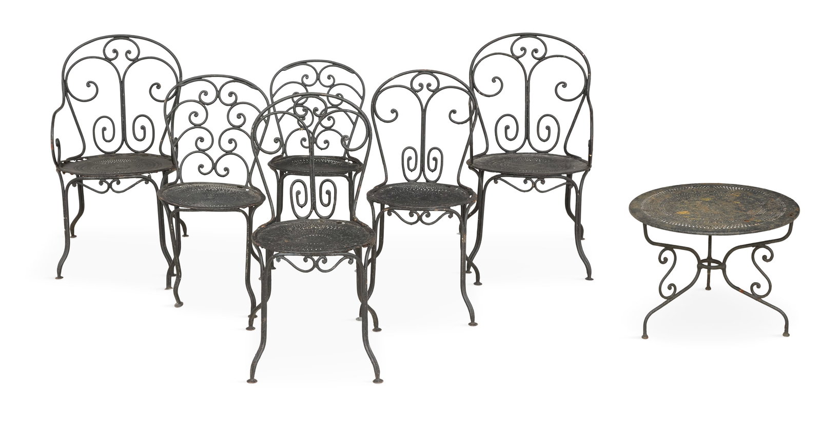 Bistro-Style Wrought-Iron Dining Suite: Seven-Piece Bistro-Style Wrought-Iron Dining Furniture 20th century, the set comprised of a pair of armchairs with scrolled backs and seats, h. 34-1/2", w. 19", d. 19-1/4", a pair of matching side cha