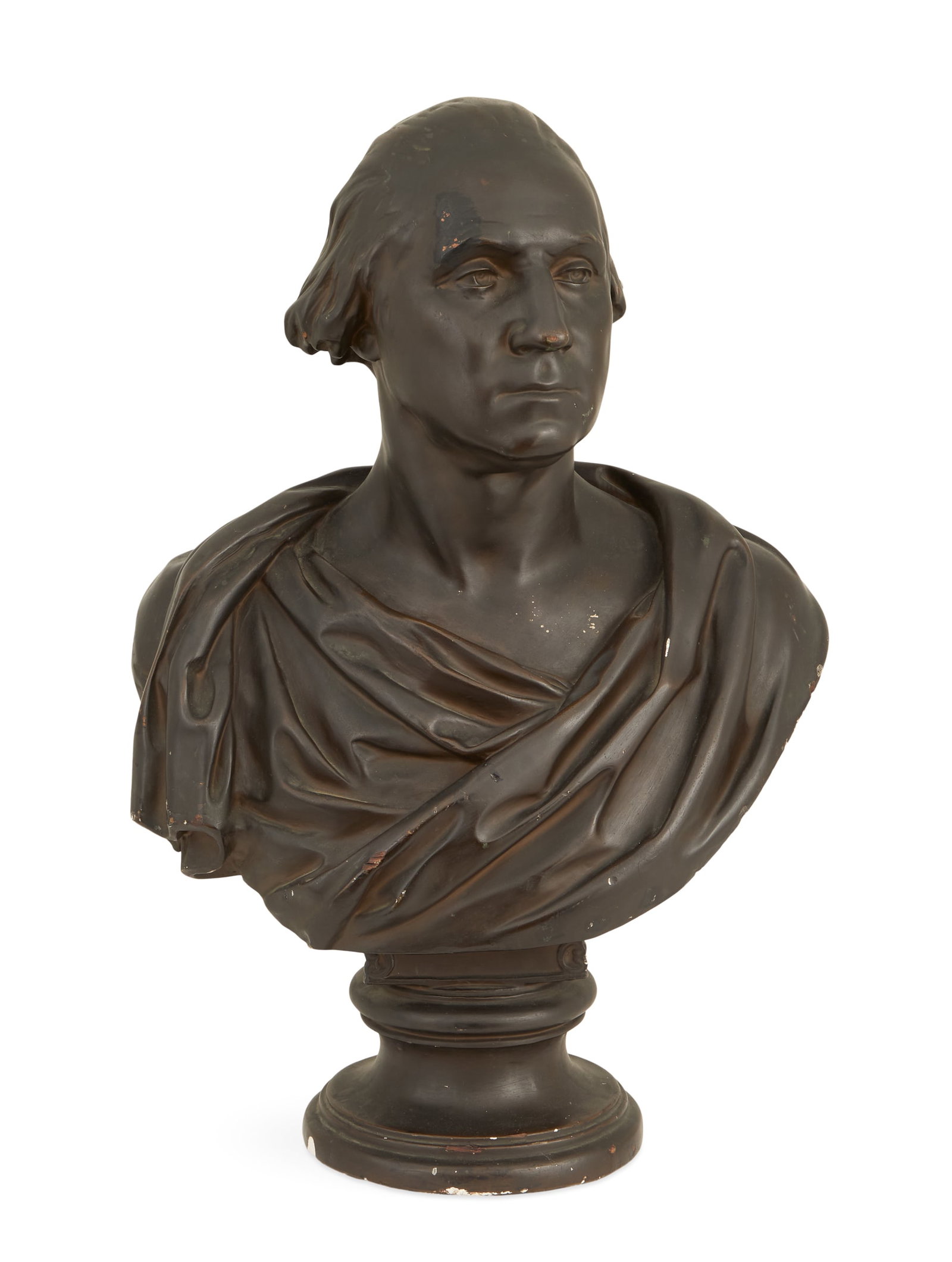 Large Plaster Bust of George Washington: Large Plaster Bust of George Washington early 20th century, painted to resemble a patinated bronze, after the Jean-Antoine Houdon original, on a cove-molded socle. h. 27-1/4", w. 17-1/2", d. 8-1/4"