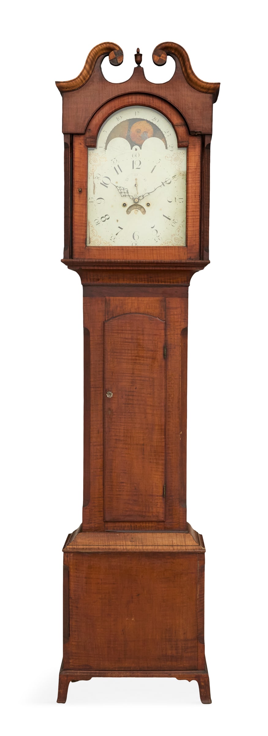 Early American Tiger Maple Tall Case Clock: Early American Tiger Maple Tall Case Clock ca. 1800, Philadelphia, the hood with a swan's-neck pediment set with inlaid roundels, the case with lamb's-tongue chamfered corners, the thumb-molded door w