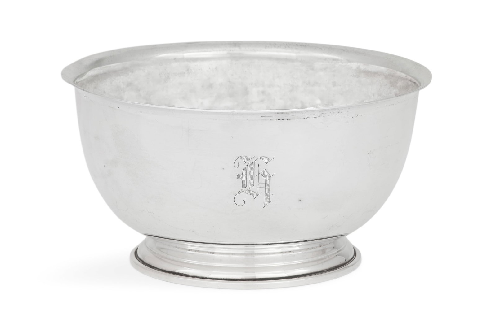 Sterling Silver Revere Bowl: Sterling Silver Revere Bowl third quarter 20th century, Baldwin & Miller, Newark, New Jersey, of traditional form with everted rim and molded foot ring, monogrammed "H". h. 3-3/4", dia. 7-1/2"; 14.14