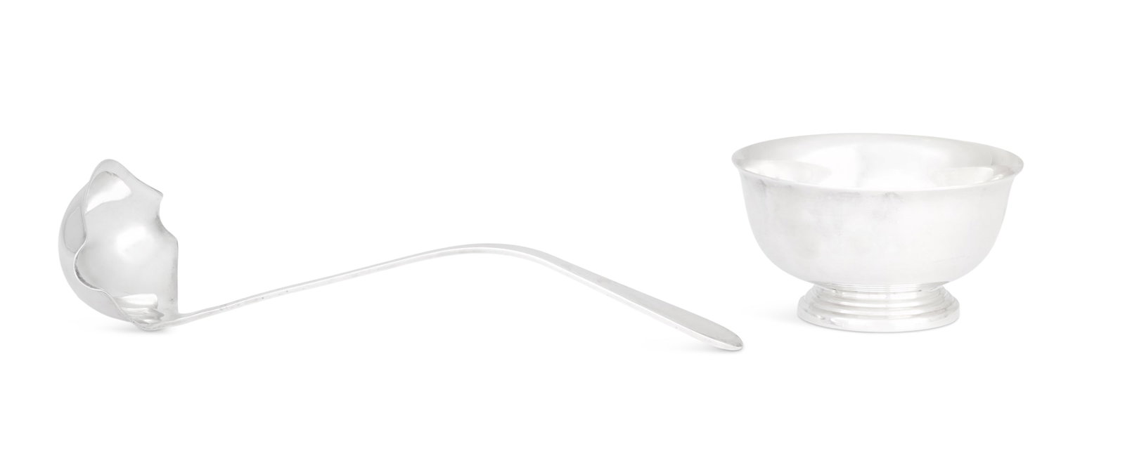 Gorham Colonial Revival Silverplate Tableware: Two Pieces of Gorham Colonial Revival Silverplate Tableware mid-20th century, including: a small Revere bowl, h. 2-3/4", dia. 5"; and a plain punch ladle with double spout, l. 11-1/2". Provenance: