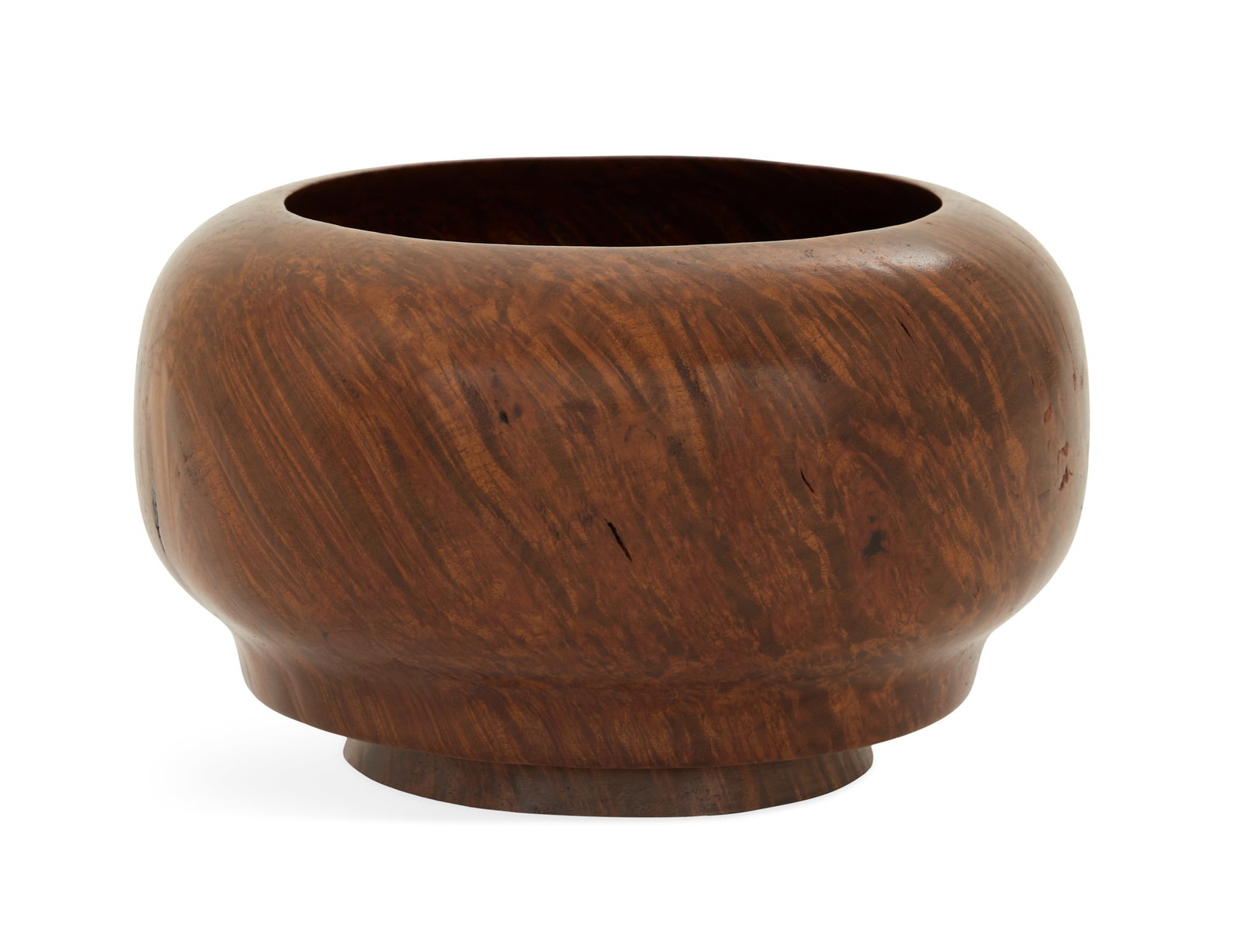 Turned Burl Wood Bowl: Turned Burl Wood Bowl 20th century, the thinly turned bowl with active figuring, with ogee sides and a slightly flared base. h. 5-1/2", dia. 8-1/2"