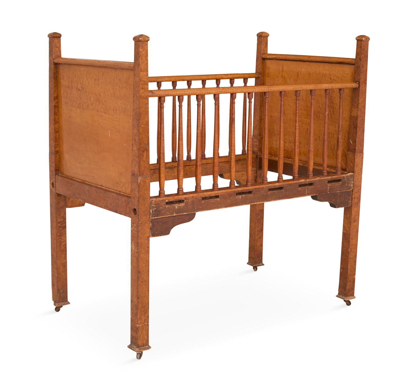 Early American Tiger Maple Child's Crib: Early American Tiger Maple Child's Crib early 19th century, the matching paneled headboard and footboard joined by tall spindled side rails and raised on tall square legs. h. 52", inside w. 25-1/2", l