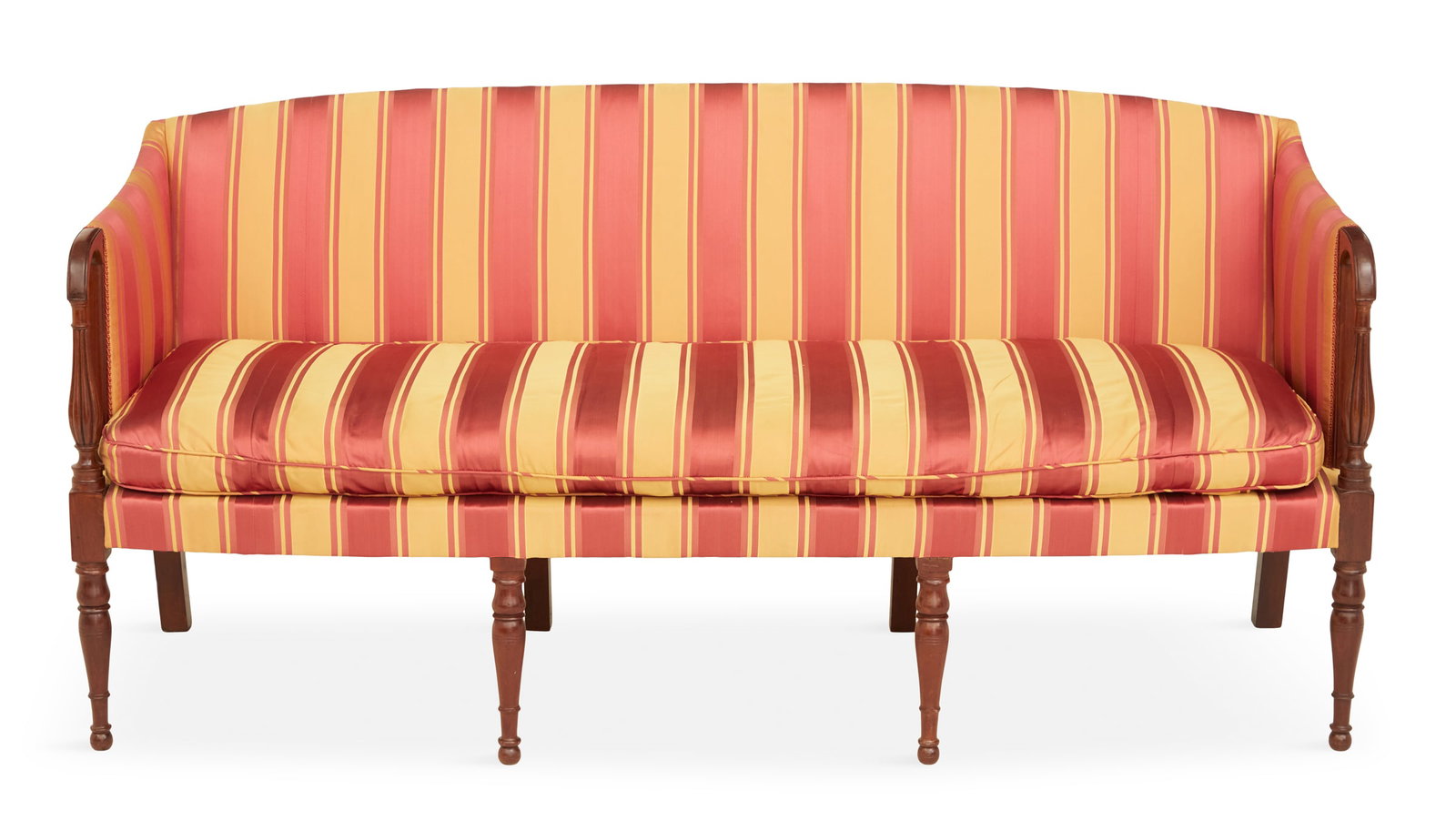 American Federal-Style Mahogany Sofa: American Federal-Style Mahogany Sofa 20th century, in the Sheraton taste, with a slightly arched and padded back, open arms with a reeded support post and a reversible seat cushion, raised on turned