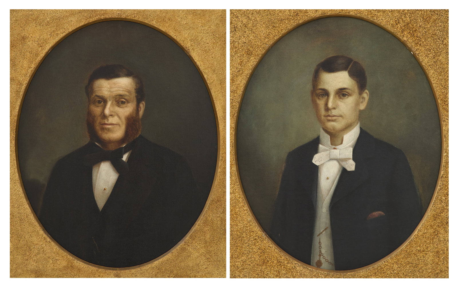 American School (19th Century): American School 19th Century "Portrait of a Father" "Portrait of a Son" two oils on canvas unsigned. In matching giltwood frames. each 30-1/4" x 25-1/4", framed 39" x 34"