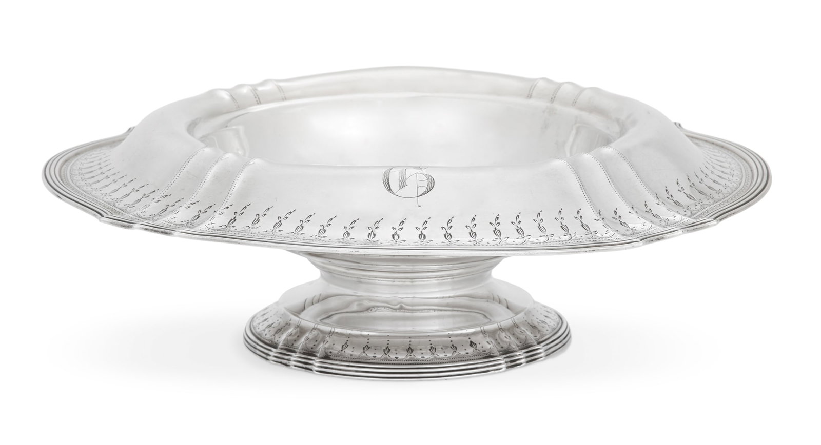 American Sterling Silver Flower Bowl: American Sterling Silver Flower Bowl first quarter 20th century, by Lebkuecher & Co., Newark, New Jersey, of serpentine-lobed circular form, quartered by fluting and with reeded edge, the everted rim 