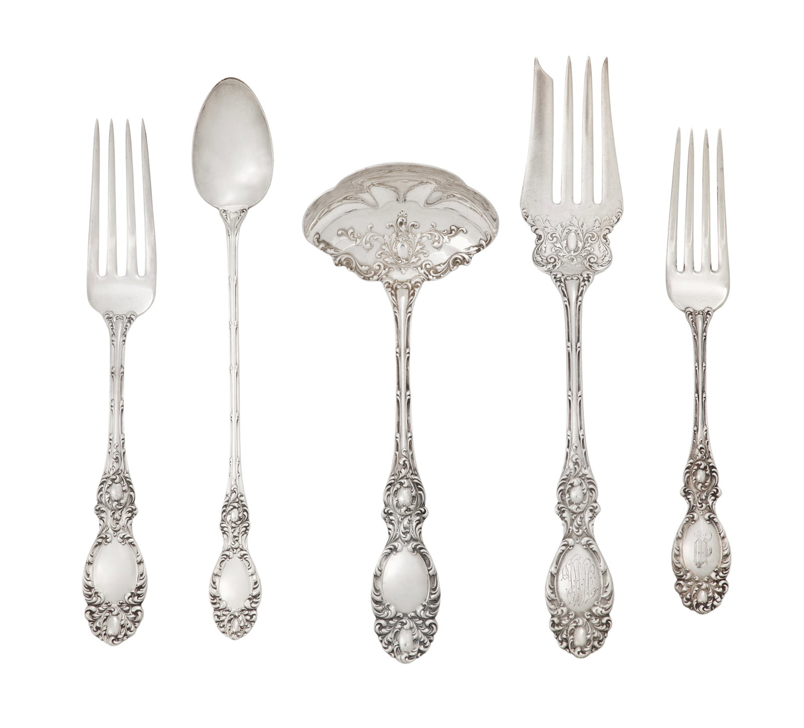 Wallace "Lucerne" Sterling Silver Flatware: Wallace "Lucerne" Sterling Silver Flatware the pattern designed in 1896 by Henry Leslie Wallace (1851-1920), Wallingford, Connecticut, including: six dinner forks, l. 7-1/2"; a luncheon fork, monogram