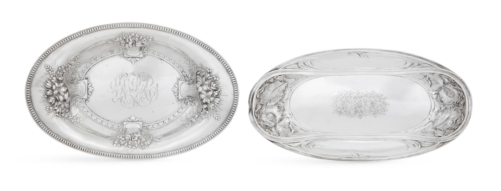 Two American Sterling Silver Bread Trays: Two American Sterling Silver Bread Trays first quarter 20th century, including: a Whiting example, 1909, embossed with flower baskets and narrow bead and acanthus banding, monogrammed "NSA", 11-3/4" x