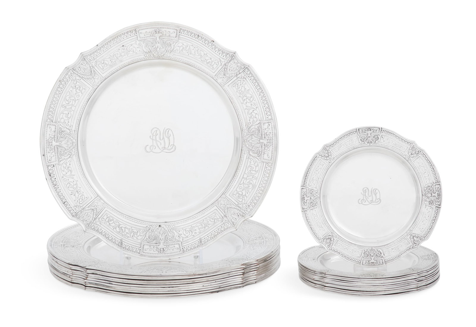 American Silverplate Service and Side Plates: Set of American Silverplate Service and Bread-and-Butter Plates second quarter 20th century, by E.G. Webster & Son, Meriden, Connecticut, including a dozen each service plates and bread-and-butter pla