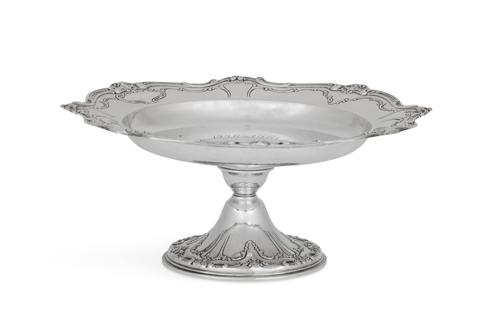 Gorham "Chantilly-Duchess" Sterling Compote: Gorham "Chantilly-Duchess" Sterling Silver Compote dated 1961, after an 1895 flatware design by William Christmas Codman (1839-1921), Providence, Rhode Island, with anniversary engraving on the bowl "