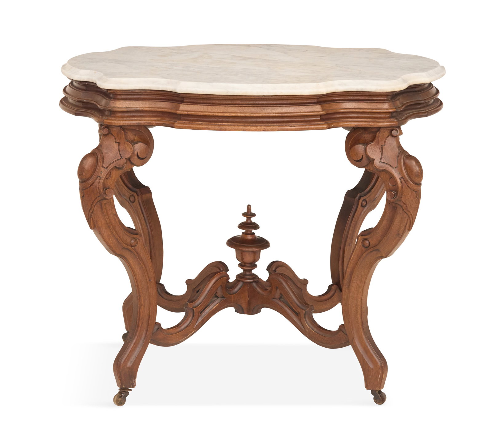 American Rococo Revival Marble-Top Center Table: American Rococo Revival Walnut and Marble-Top Center Table third quarter 19th century, the conforming white marble top over a deeply molded frame and carved cabriole legs, joined by stretchers and a t
