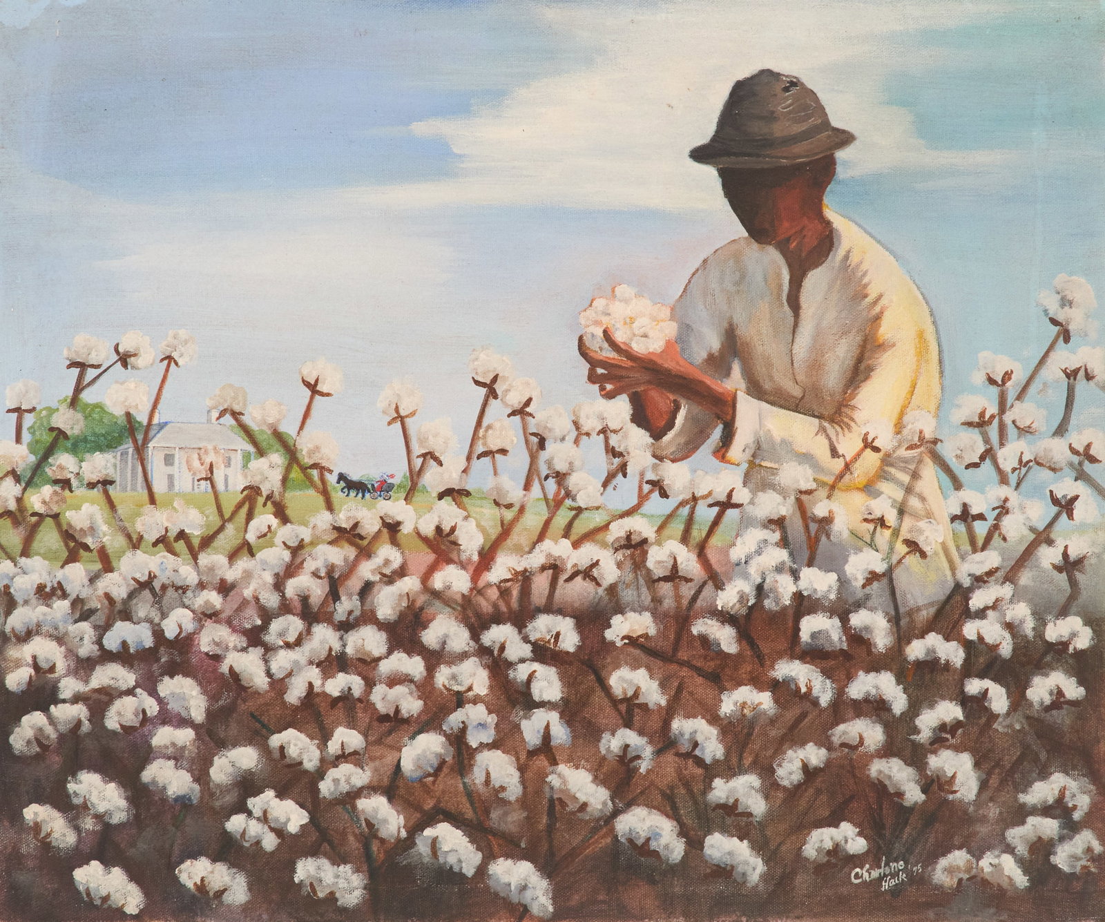 Charlene Haik (US/Louisiana, Contemporary): Charlene Haik (American/Louisiana, Act. Mid-20th/Early 21st Century) "The Cotton Picker", 1975 oil on canvas signed lower right. Framed. Provenance: The collection of Deborah & Eli Tullis, New Orleans