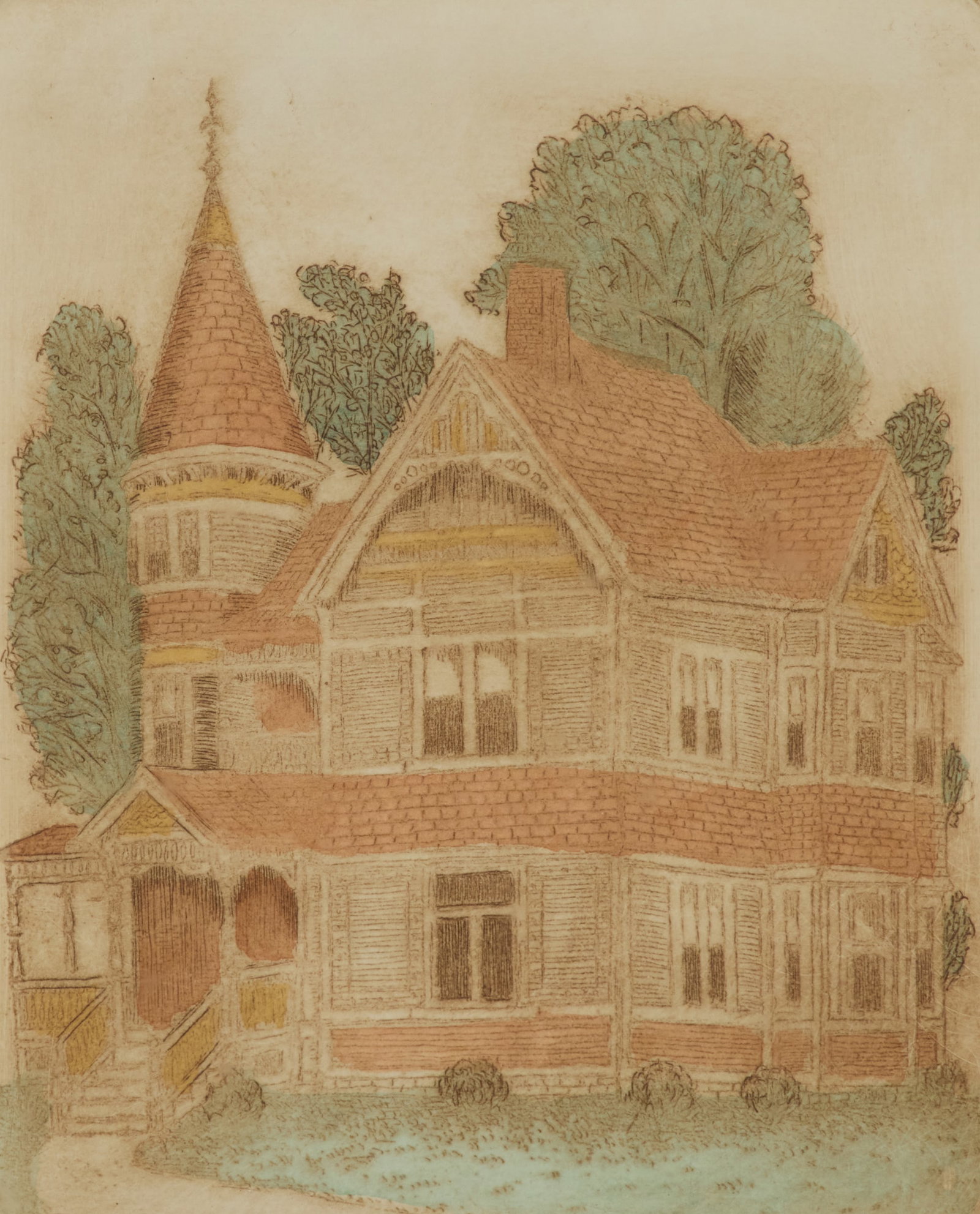 American School (20th Century): American School 20th Century "Queen Anne House" etching with colors pencil-signed "Olson" and numbered "203/250" lower right, and titled lower left. Matted, glazed and framed. sight 8-3/4" x 7-1/2", f
