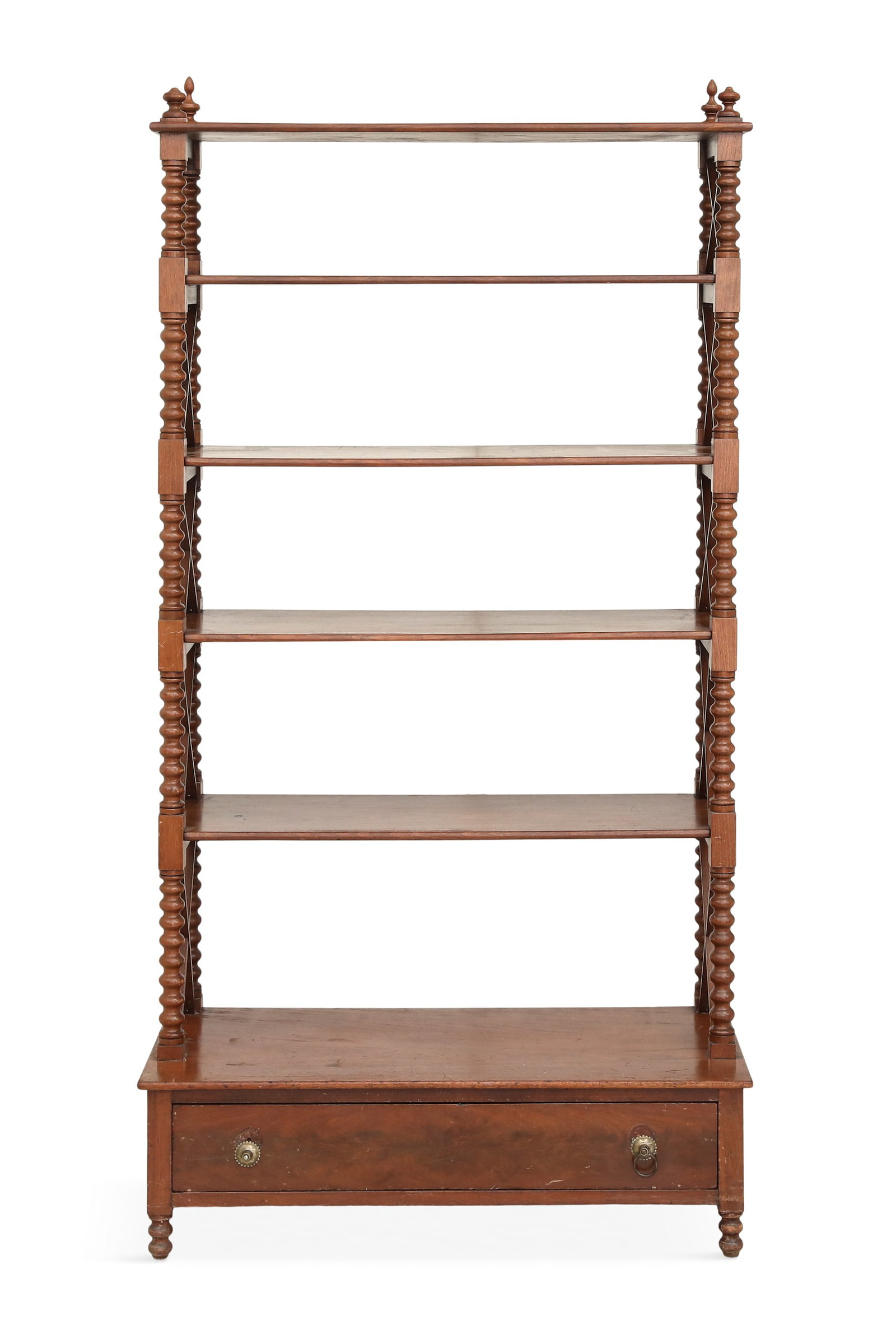 Victorian Mahogany Spool-Turned Etagere: Victorian Mahogany Spool-Turned Etagere mid-19th century, the five tiers of shelves with X-form ends, the base fitted with a single drawer, raised on turned legs. h. 63", w. 31-1/2", d. 15"