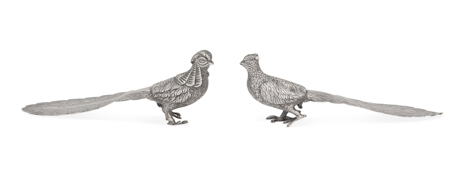 Mexican Sterling Pheasant Salt and Pepper Casters: Pair of Mexican Sterling Pheasant Salt and Pepper Casters fourth quarter 20th century, The Silver Factory Taxco, Isla Mujeres, in the form of a male and female golden pheasant, with chased details. h.