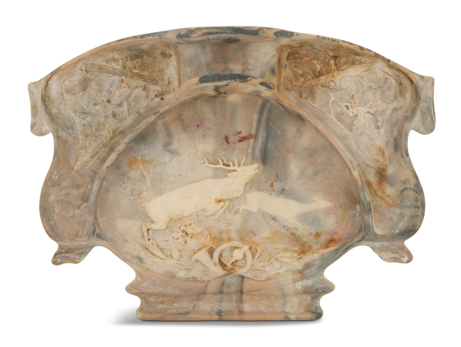 American Incolay Stone Desk Tray: American Incolay Stone Desk Tray post-1960s, in the Black Forest taste, molded with deer and hunting horns, with a letter holder and pen tray. h. 2-1/2", w. 10-1/2", d. 8-1/2" Provenance: Kevin Stone 