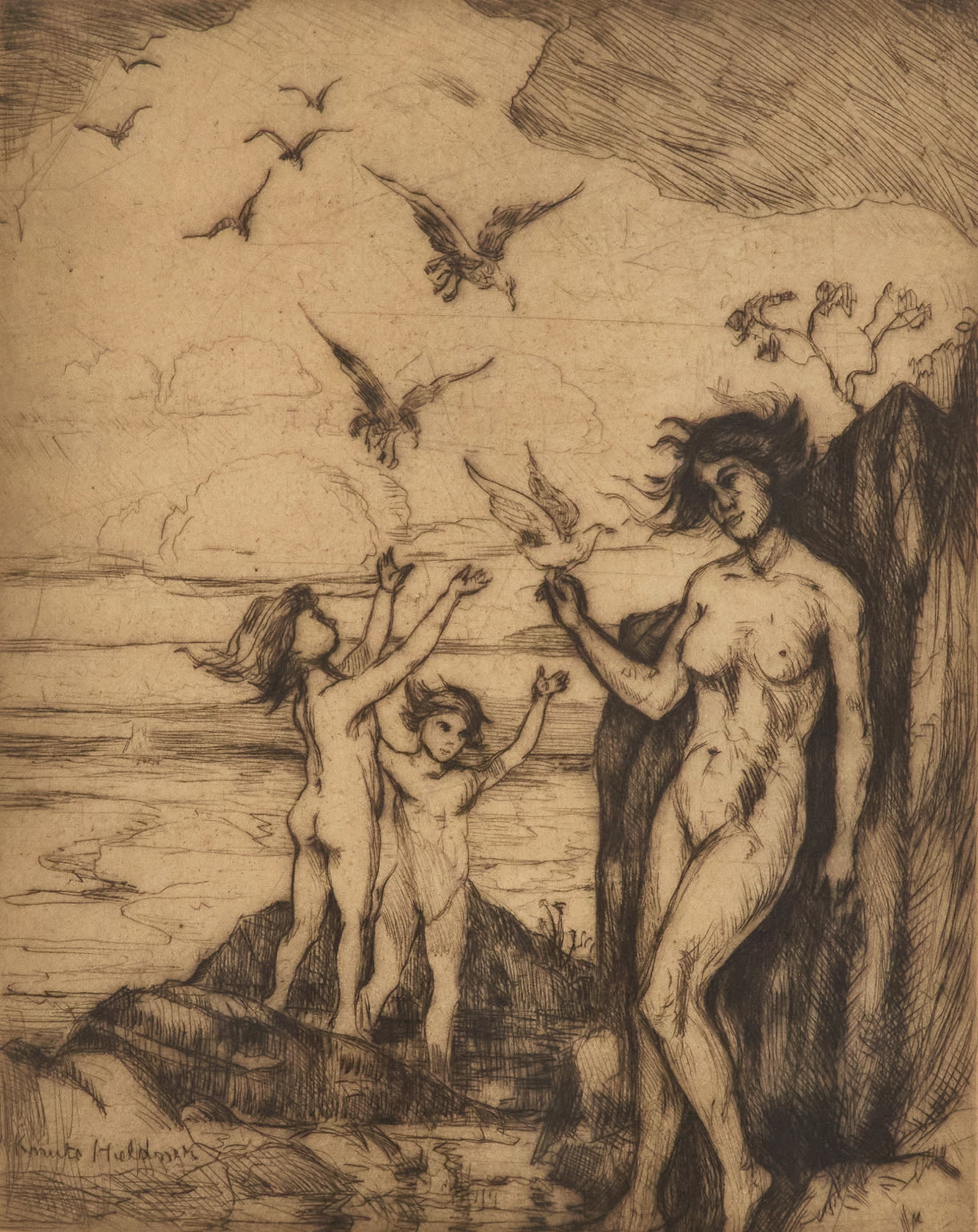 Knute Heldner (Swedish/Louisiana, 1875/77-1952): Knute Heldner (Swedish/Louisiana, 1875/77-1952) "By the Sea" drypoint on paper signed in plate lower left. Matted, glazed and framed. sight 11" x 8-1/2", framed 16-1/2" x 14"