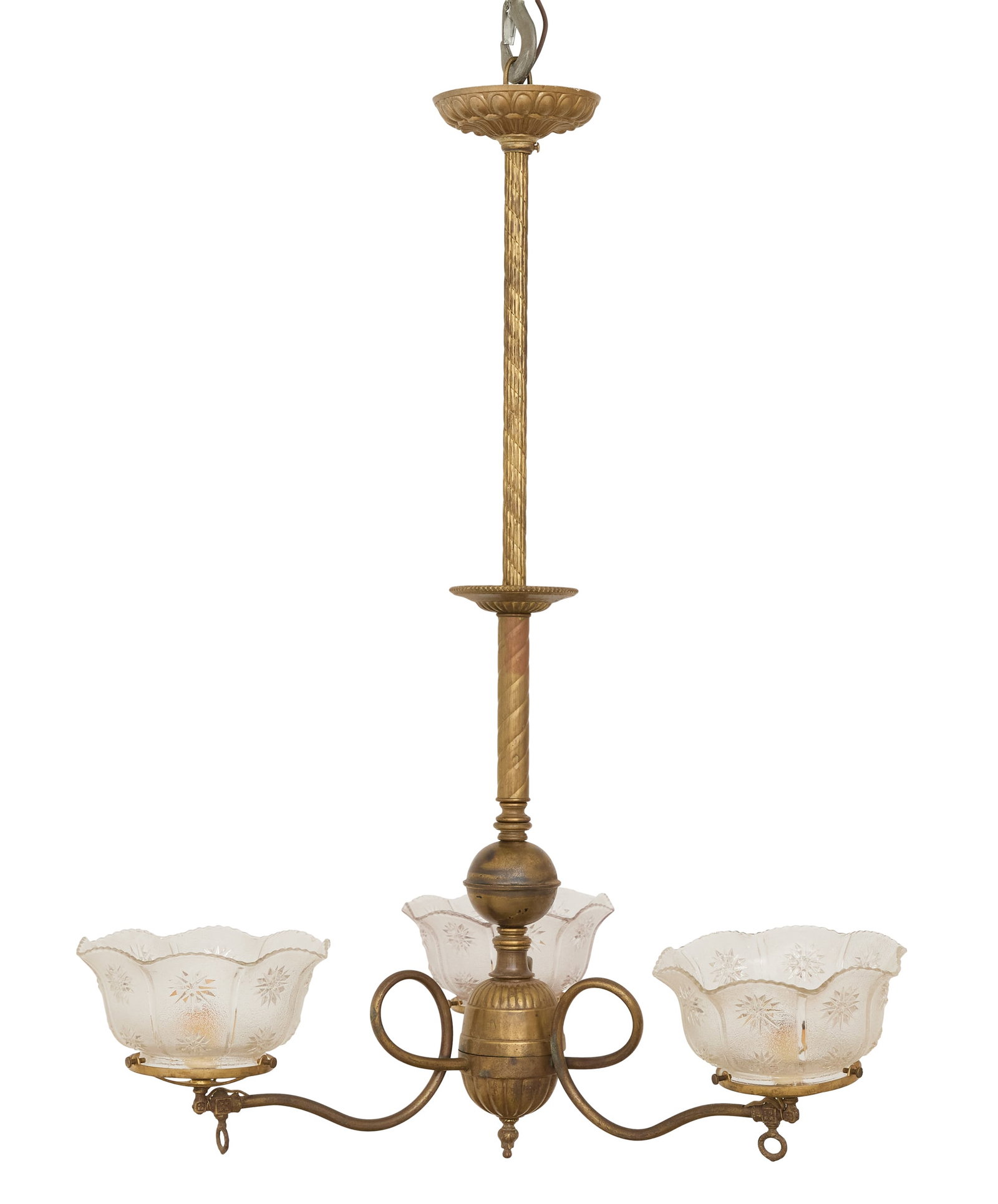 American Brass and Glass Three-Arm Gasolier: American Brass and Glass Three-Arm Gasolier third quarter 19th century, the scrolled tubular arms set with three period molded glass gas shades. h. 34", dia. 24"