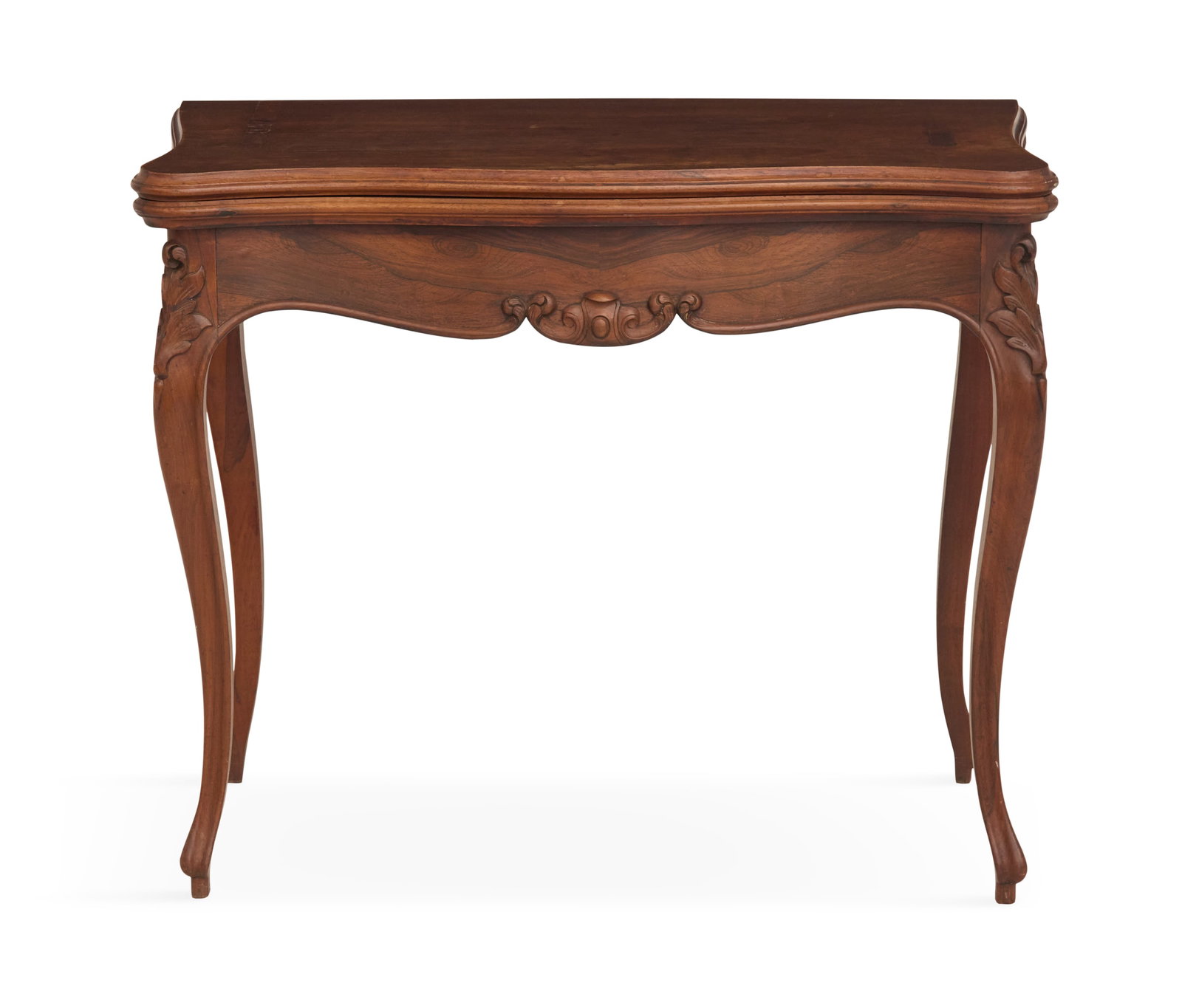 American Rococo Revival Rosewood Games Table: American Rococo Revival Rosewood Games Table mid-19th century, the serpentine fold-open top opening to reveal a felt-lined surface, raised on cabriole legs with foliate-carved knees. h. 29-1/2", w. 35