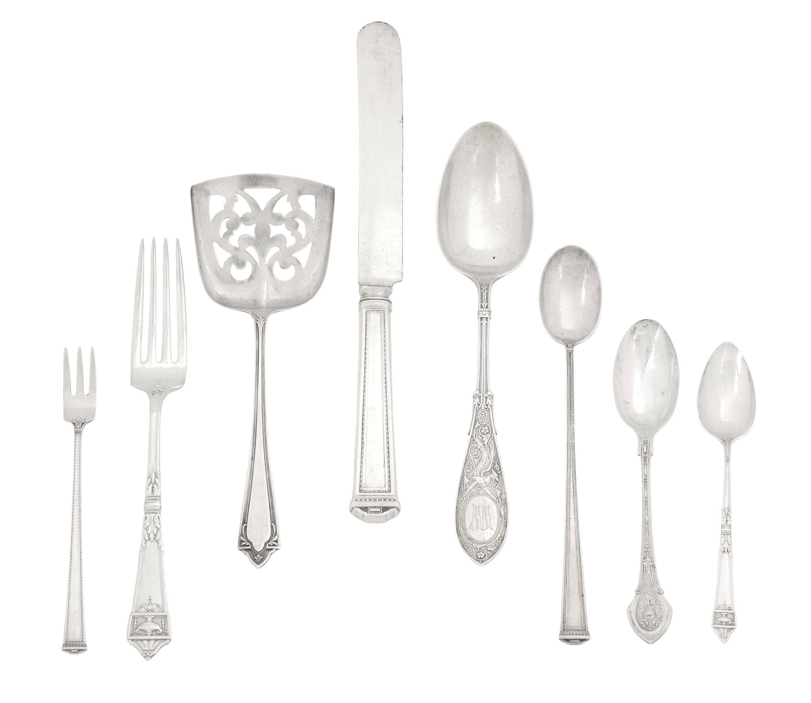 American Neoclassical/Aesthetic Sterling Flatware: Collection of American Neoclassical and Aesthetic Pattern Sterling Silver Flatware most first quarter 20th century, including patterns Gorham "Lansdowne", International "Pantheon", Manchester "Doric",