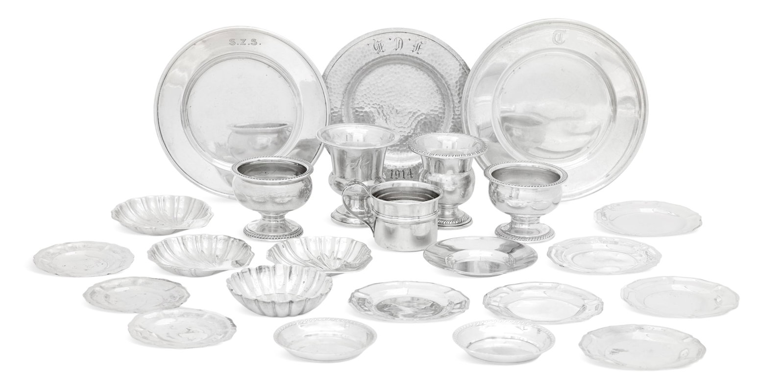 American Small Sterling Silver Tableware: Collection of American Small Sterling Silver Tableware 20th century, including: a Marshall Fields & Co. "Colonial" bread-and-butter plate, monogrammed "FCH/1914", dia. 5-1/2"; a Gorham bread-and-butte